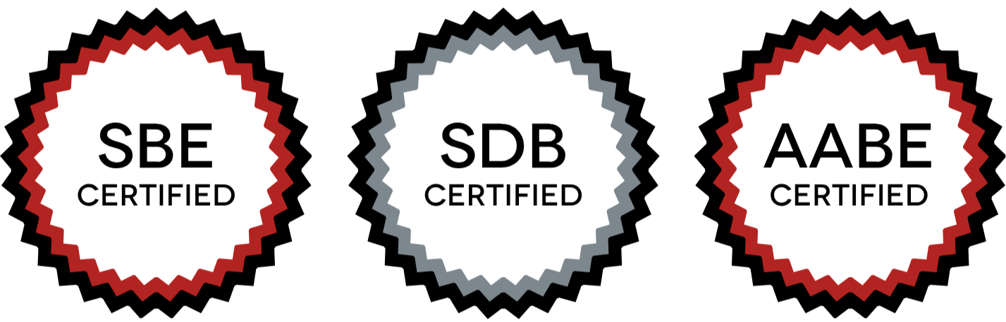 Three circular serrated badges labeled SBE Certified, SDB Certified, and AABE Certified.