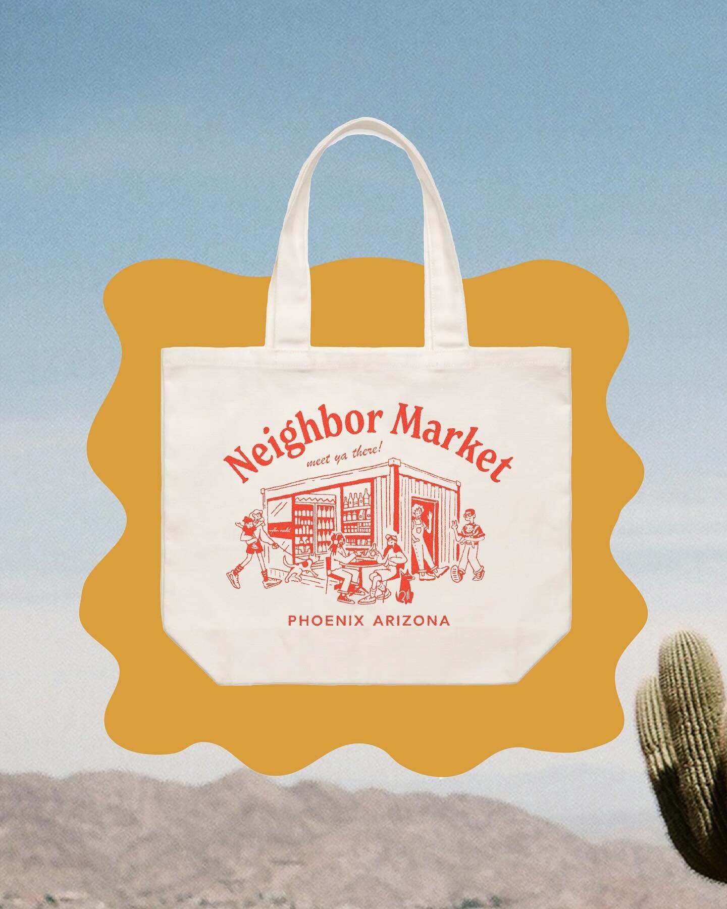 we met @neighbormarket &lt;3 

new totes to commemorate our first year,
available sunday @ our bday party 
2.4.24 from 9AM &mdash; 2PM @thechurchillphx 🎈

designed by @goeasyco 
screen printed by @attackmfg