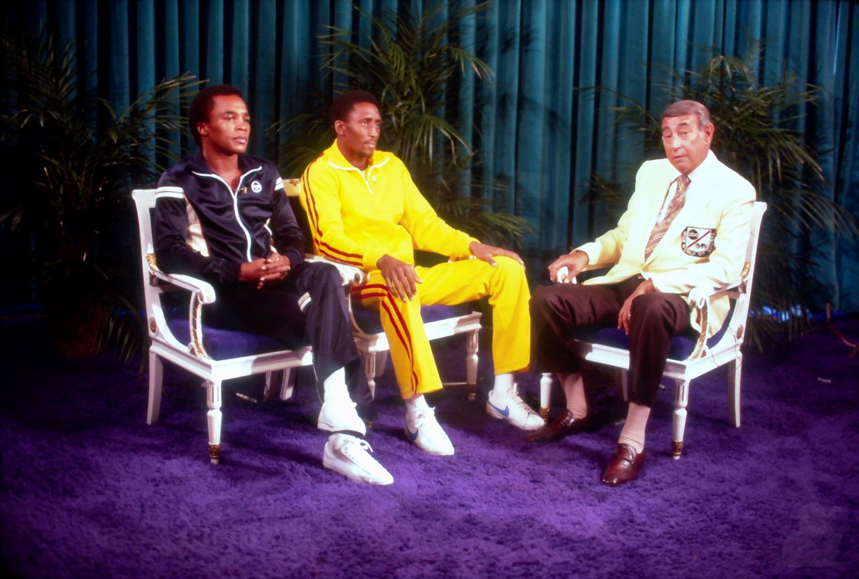 Ray sits with Tommy Hearns and Howard Cosell for a pre-inteview before Leonard VS Hearns fight. Las Vegas, NV, September, 1981