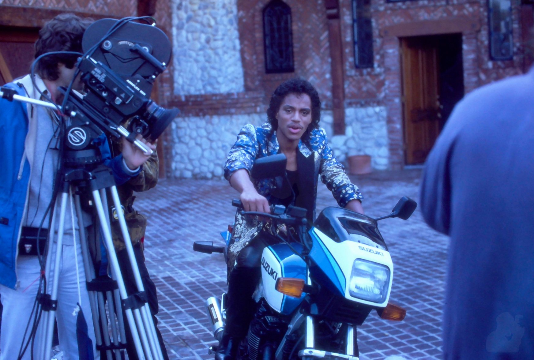 Marlon Jackson sits on the Motorcycle for the "Body" video. Los Angeles, CA, October 1984.