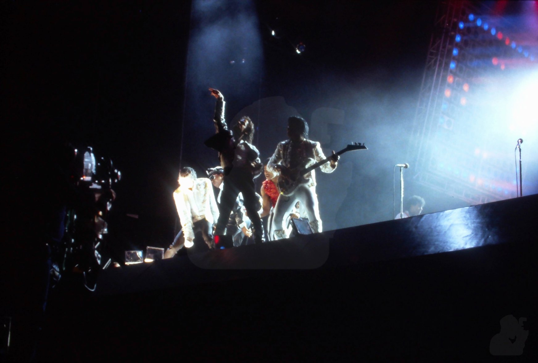 The Jacksons pose on stage on the Victory tour, Dodger Stadium, Los Angeles, California, December 1984.
