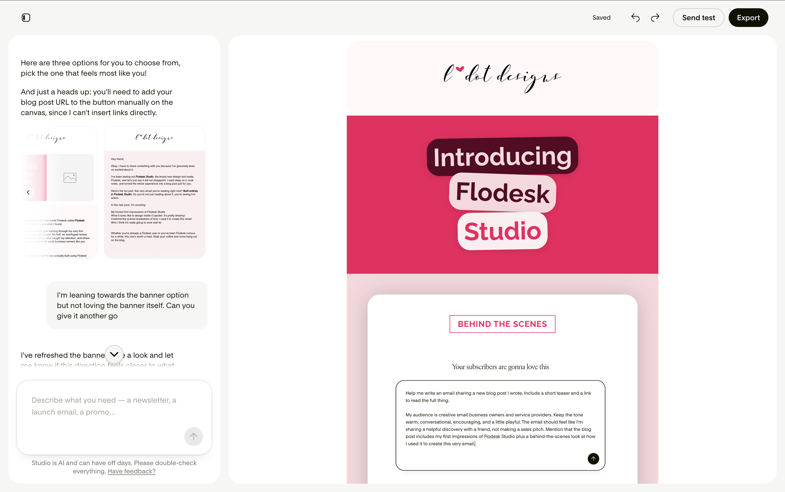 Using Flodesk Studio to build a test email