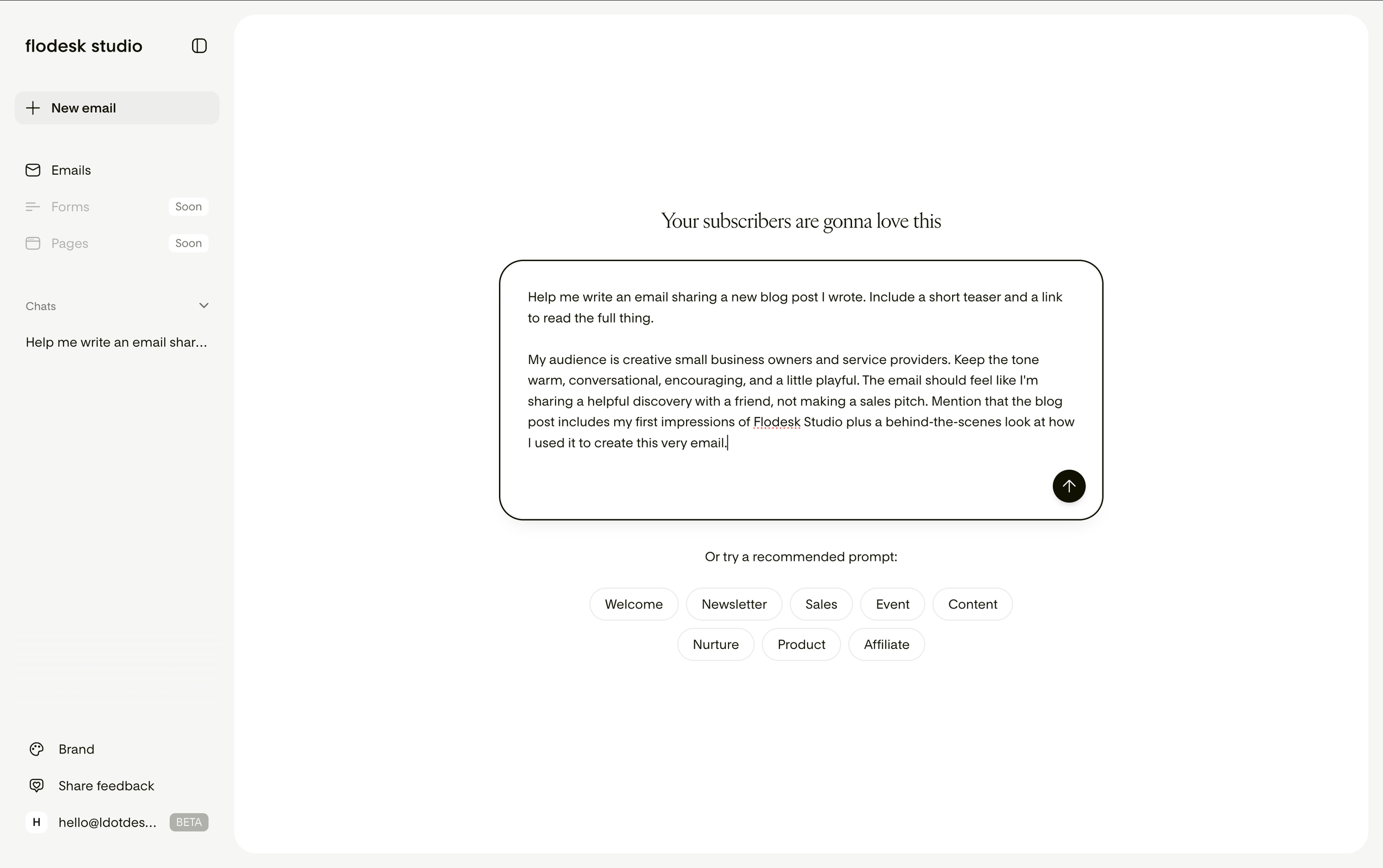 Flodesk Studio adding prompt to share this blog post in an email.