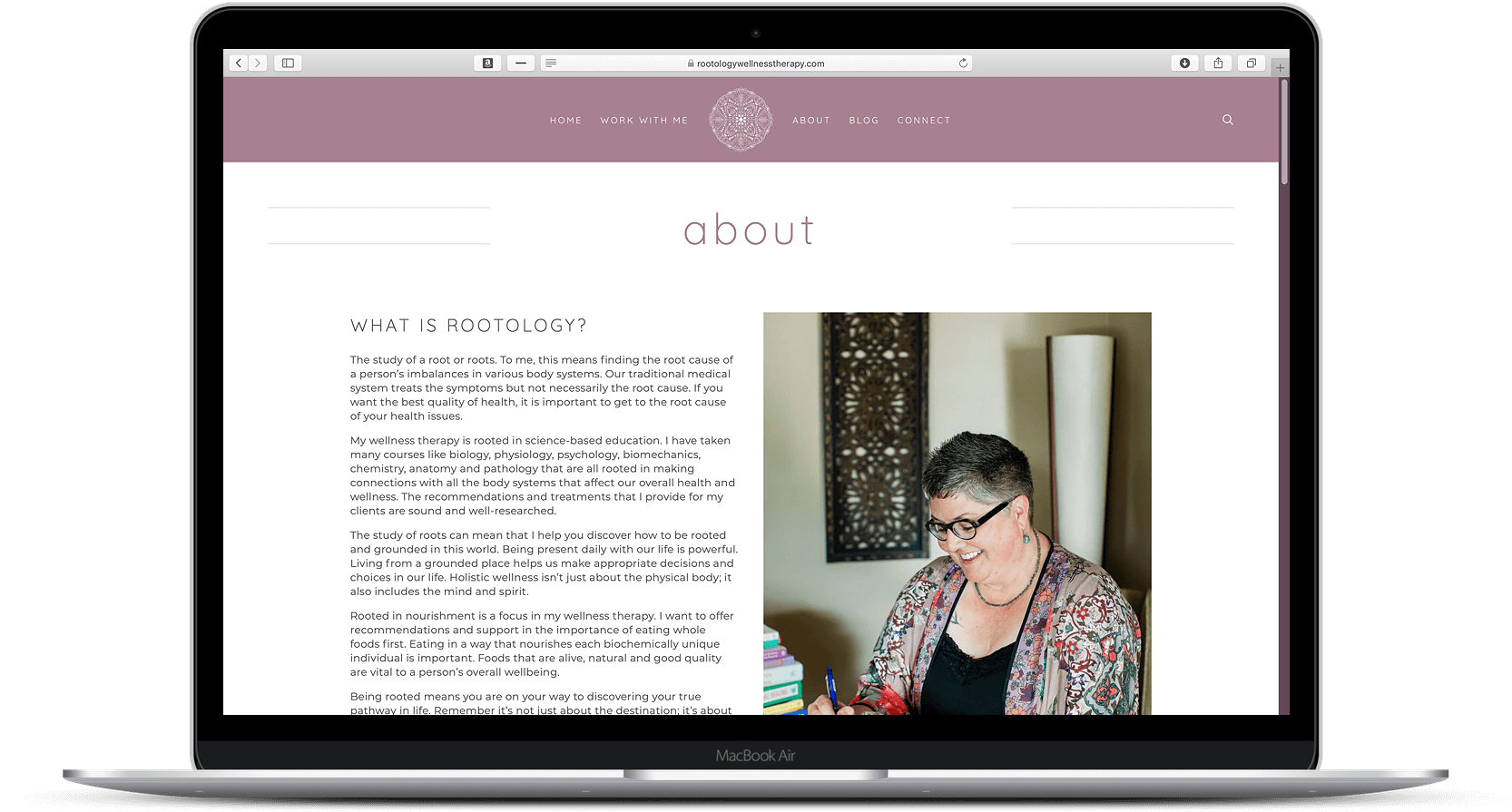 Rootology Wellness Therapy - About Page - MacBook mockup