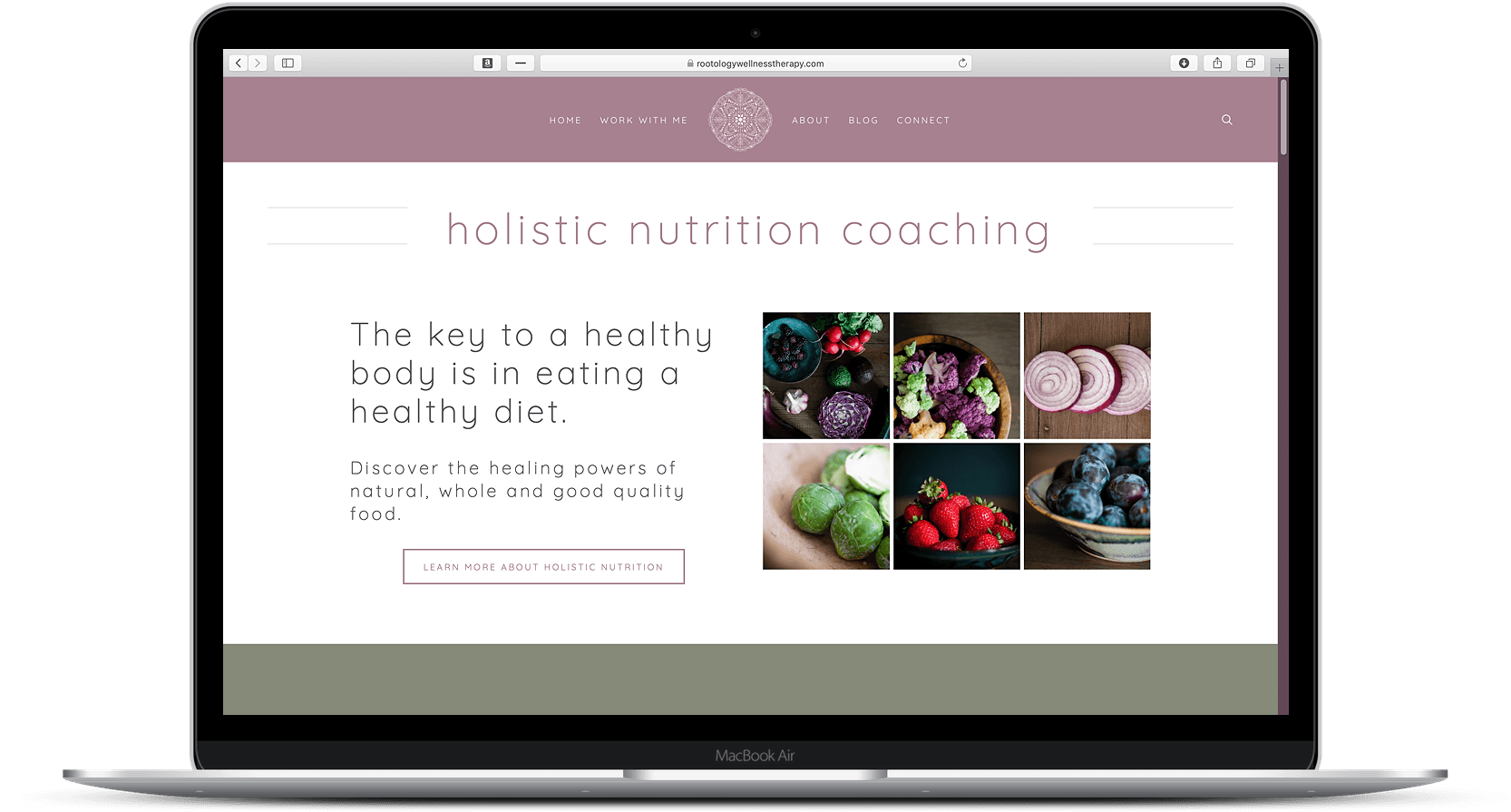 Rootology Wellness Therapy - Holistic Nutrition Coaching Page - MacBook mockup