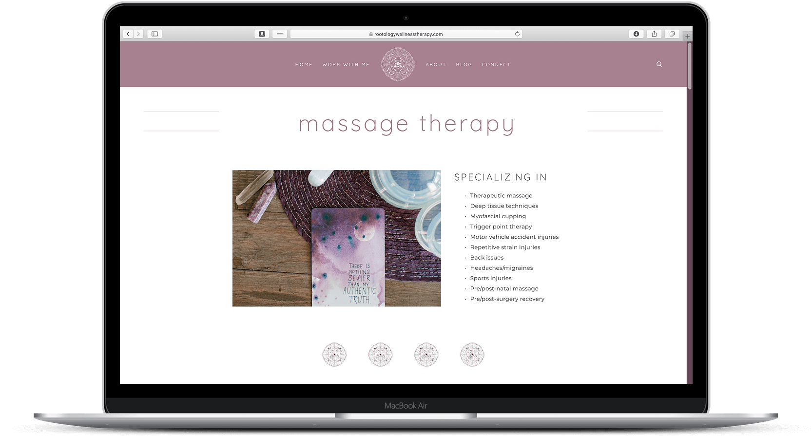Rootology Wellness Therapy - Massage Therapy Page - MacBook mockup