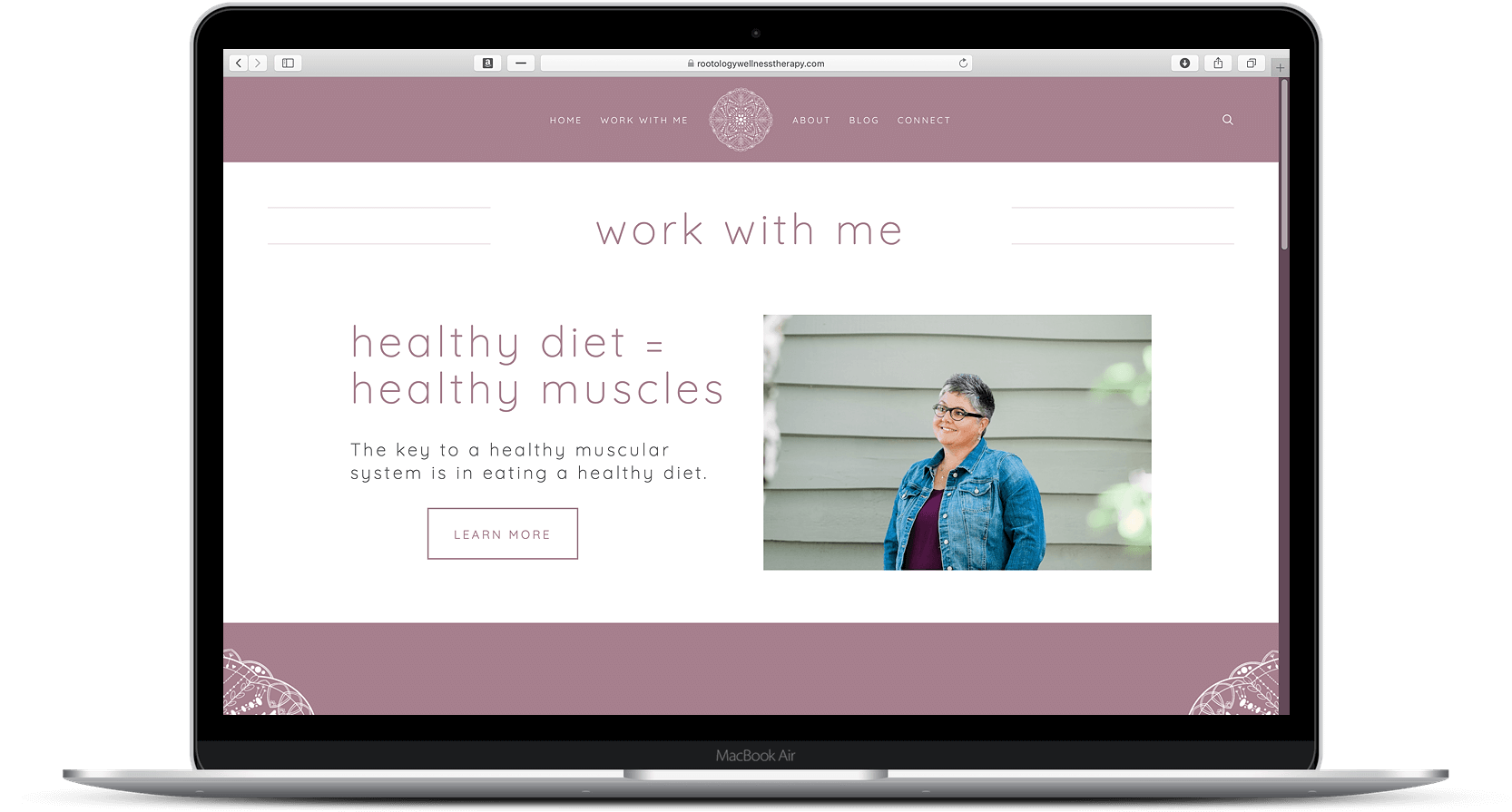 Rootology Wellness Therapy - Work with Me Page - MacBook mockup