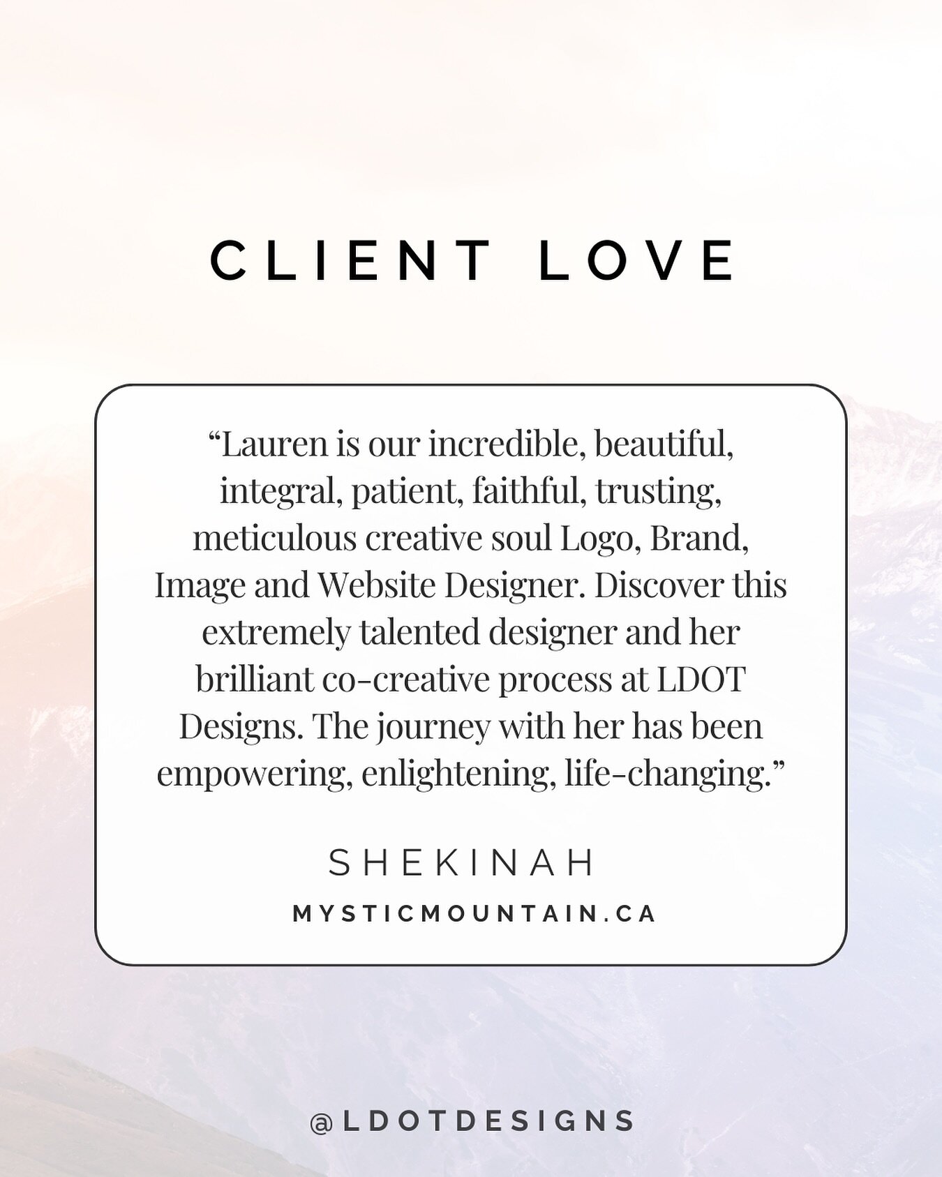 ✨ Client Love ✨

&ldquo;Lauren is our incredible, beautiful, integral, patient, faithful, trusting, meticulous creative soul Logo, Brand, Image and Website Designer. Discover this extremely talented designer and her brilliant co-creative process at L