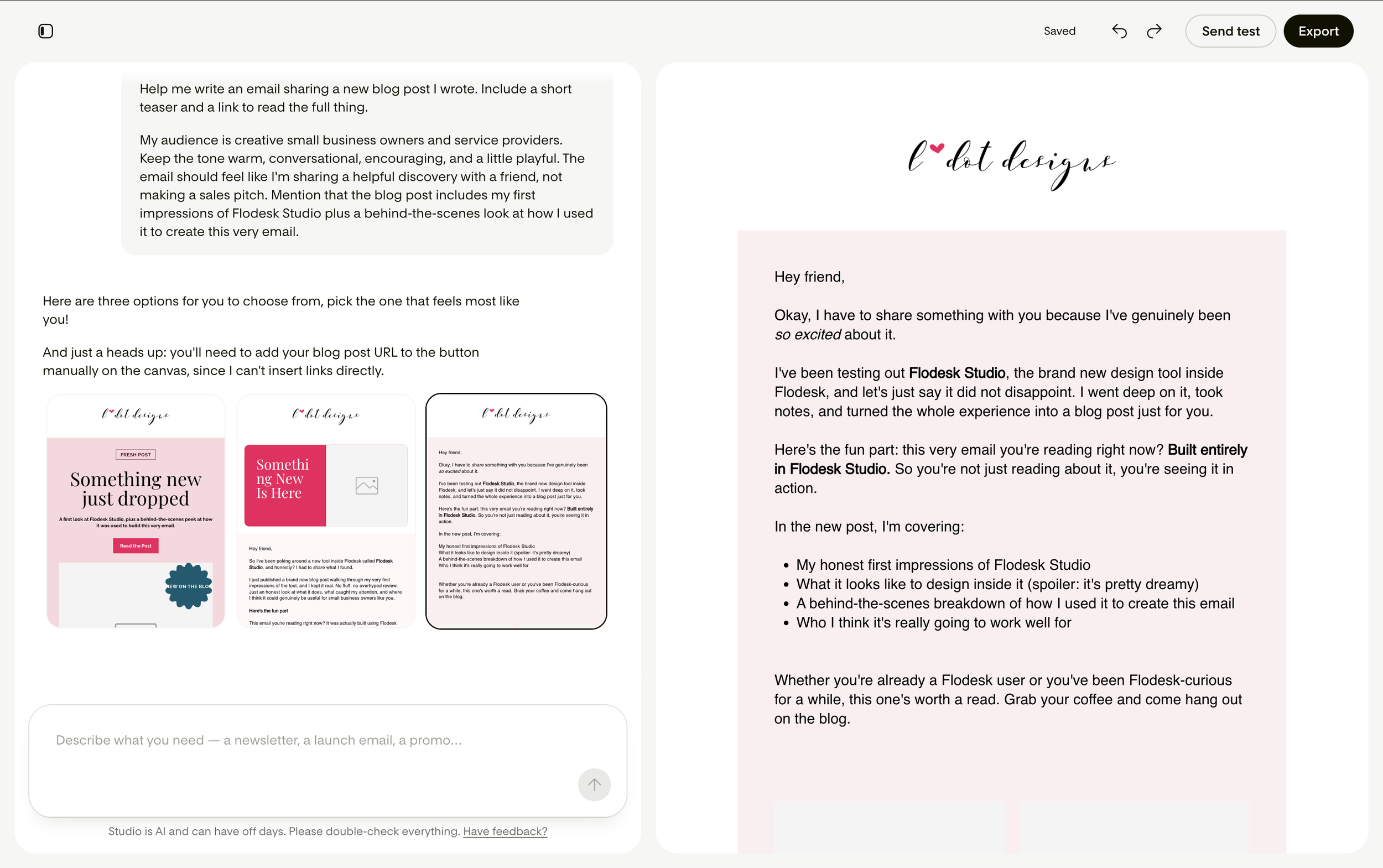 Flodesk Studio AI Generated Email Options
