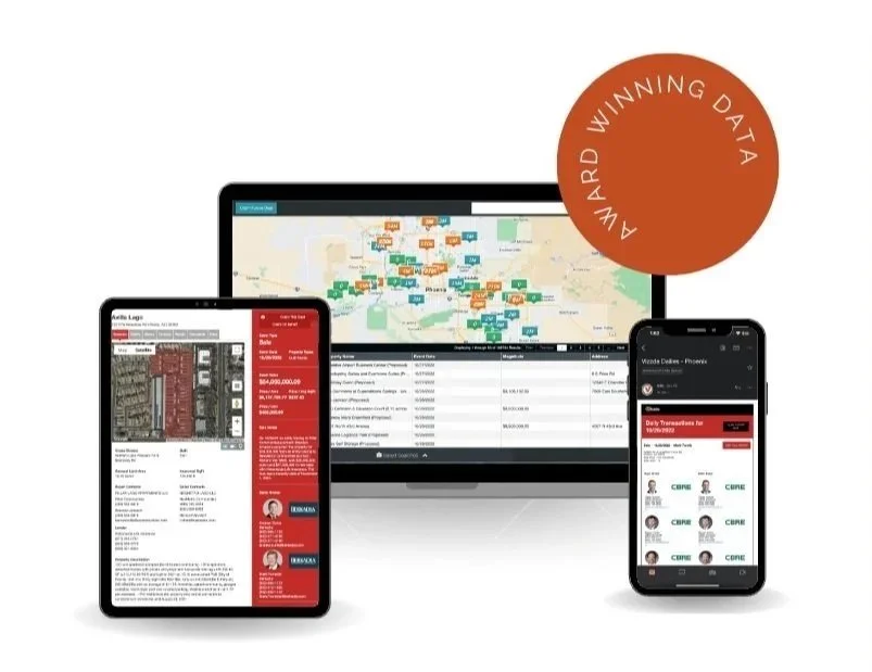 Multiple electronic devices displaying real estate data and maps, with a brown circle overlay that reads "Antil Winning Data."