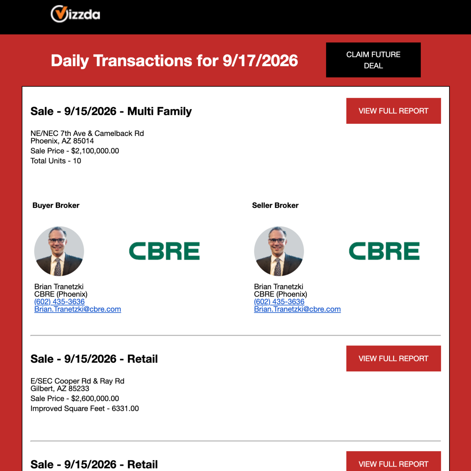 A screenshot of a real estate report showing daily transactions for September 17, 2026, with details of property sales, broker information, and sales prices, along with buttons for viewing full reports.