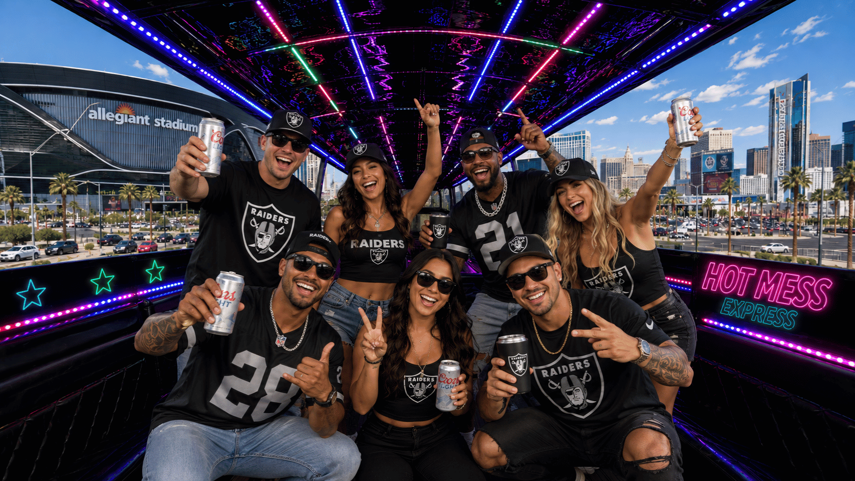 Party before the game and the Hot Mess Express takes you to all Raiders home games in style!