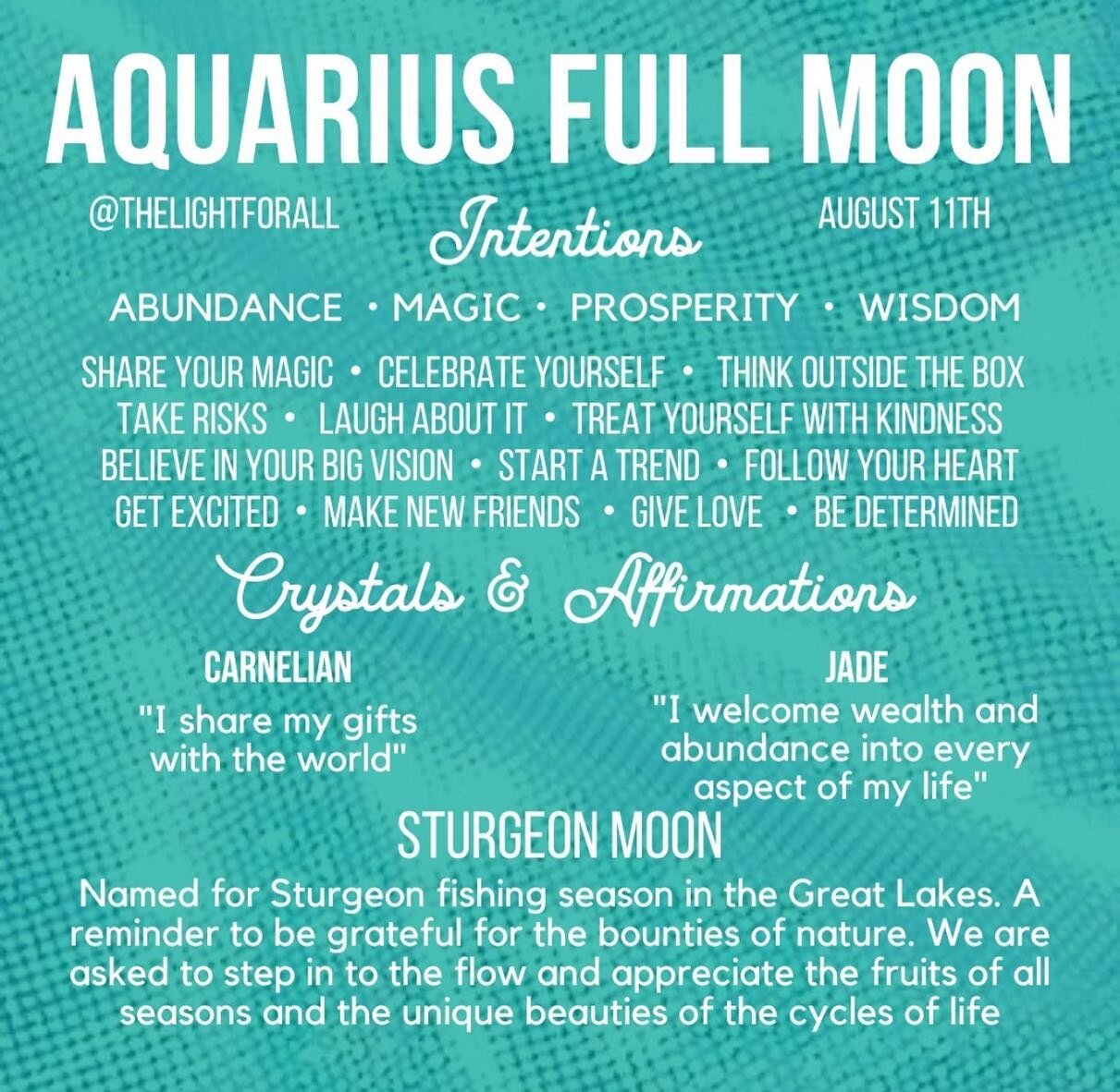 AQUARIUS FULL MOON

8.11.22

Did you catch a glimpse of the moon last night? Our last super moon of 2022 also known as #sturgeonmoon. 🌕

During #fullmooninaquarius, I encourage you to become keenly aware of how you are influenced by society. How hav