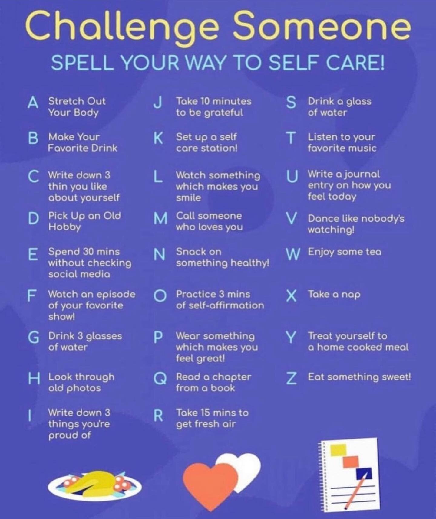 🤍SELF-CARE Challenge🤍

Happy Monday! Self-care isn&rsquo;t just reserved for Sunday&rsquo;s. It&rsquo;s a lifestyle! Give this challenge a try:

1️⃣Spell your first name. ✏️
2️⃣Write down your personalized self-care practices. 📝
3️⃣ Add them to yo