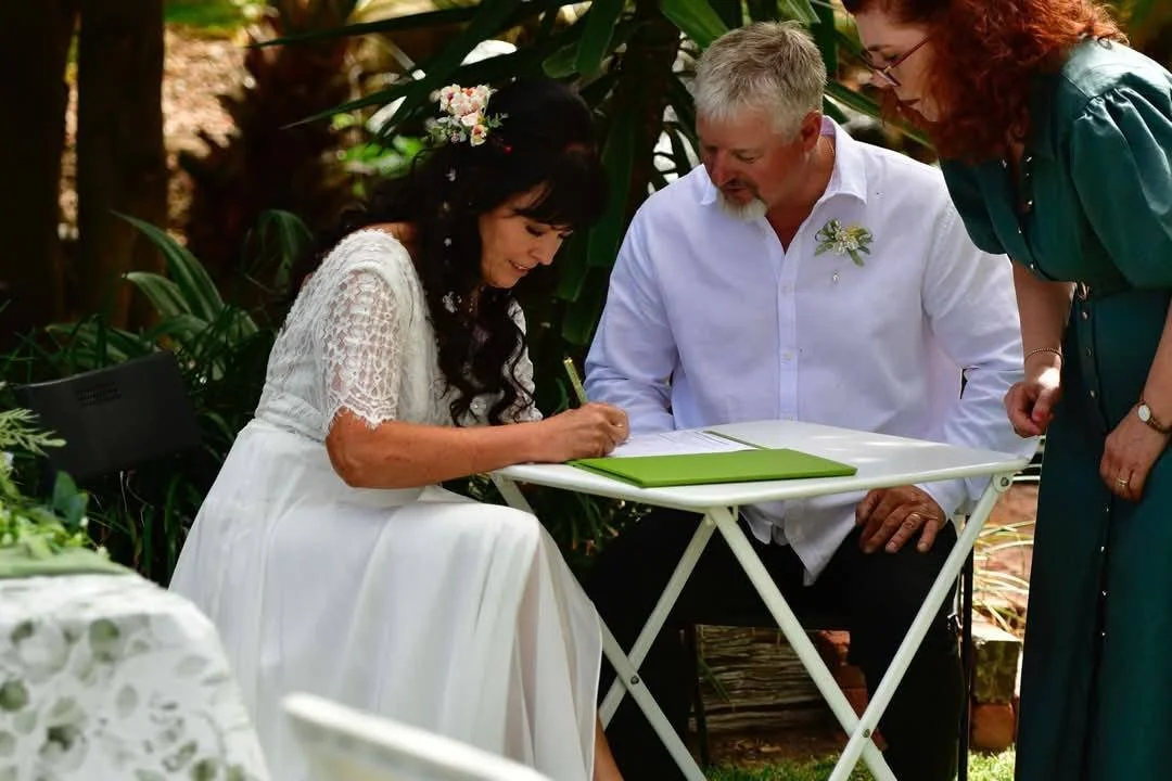 Wedding Signing at a home rural wedding overseen by Anthea Teakle Civil Celebrant.
