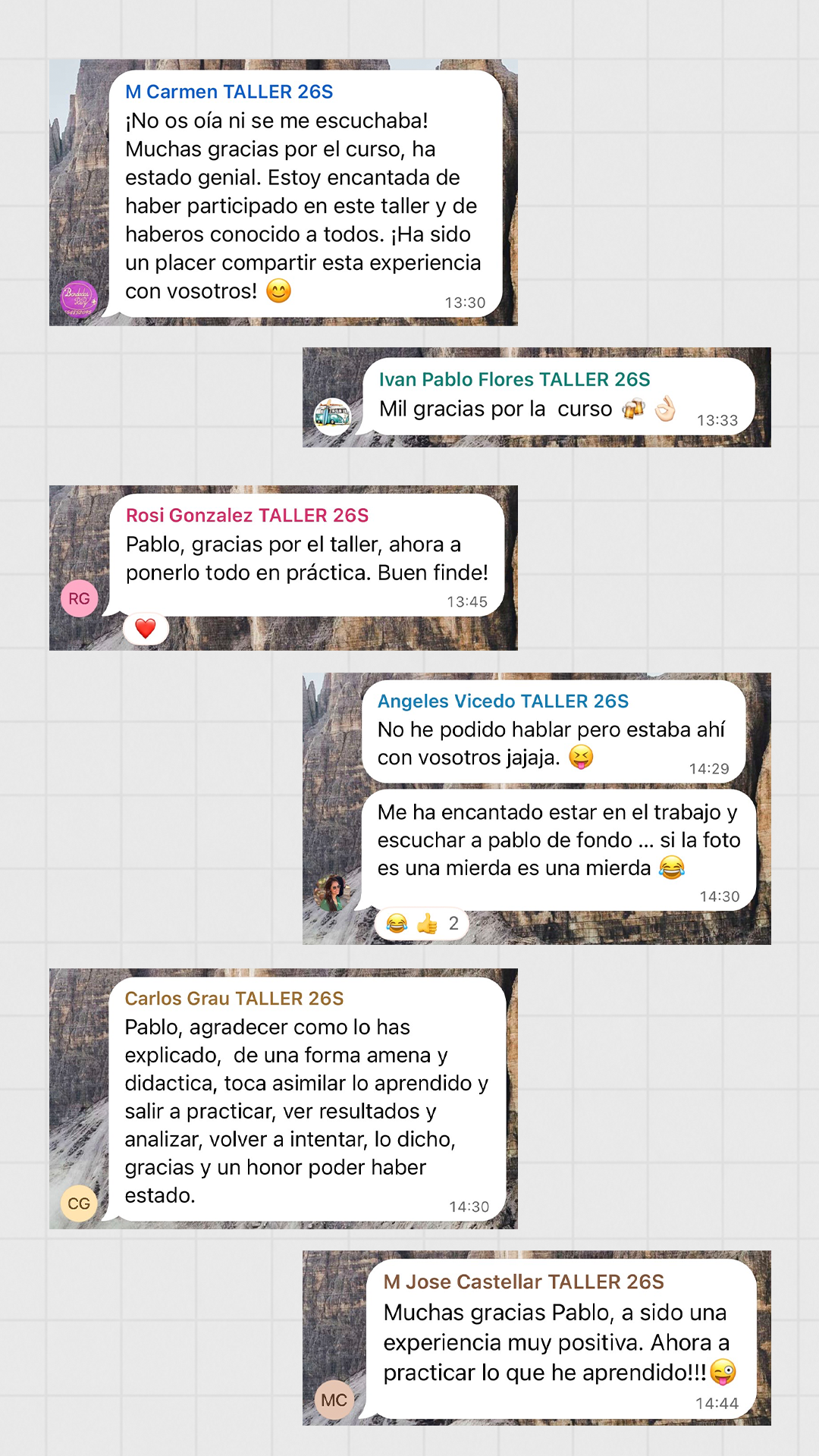 Mensajes de alumnos de la primera edición agradeciendo las explicaciones de Pablo y compartiendo sus ganas de poner en práctica lo aprendido.