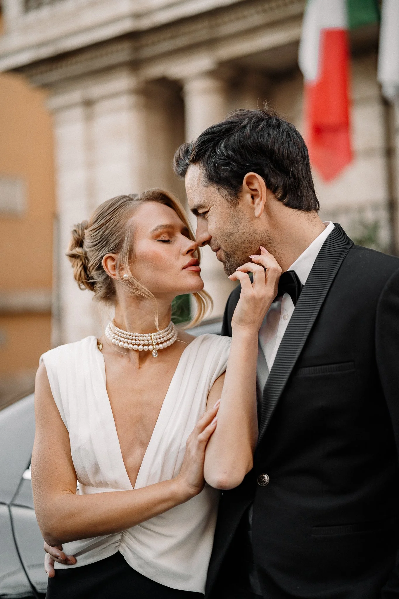 Secret marriage proposal at Palazzo Shedir, Rome. Quiet luxury aesthetic in the Baroque halls of Palazzo Borghese. Cinematic engagement photography in a private Roman palace by Giacomo Lai.