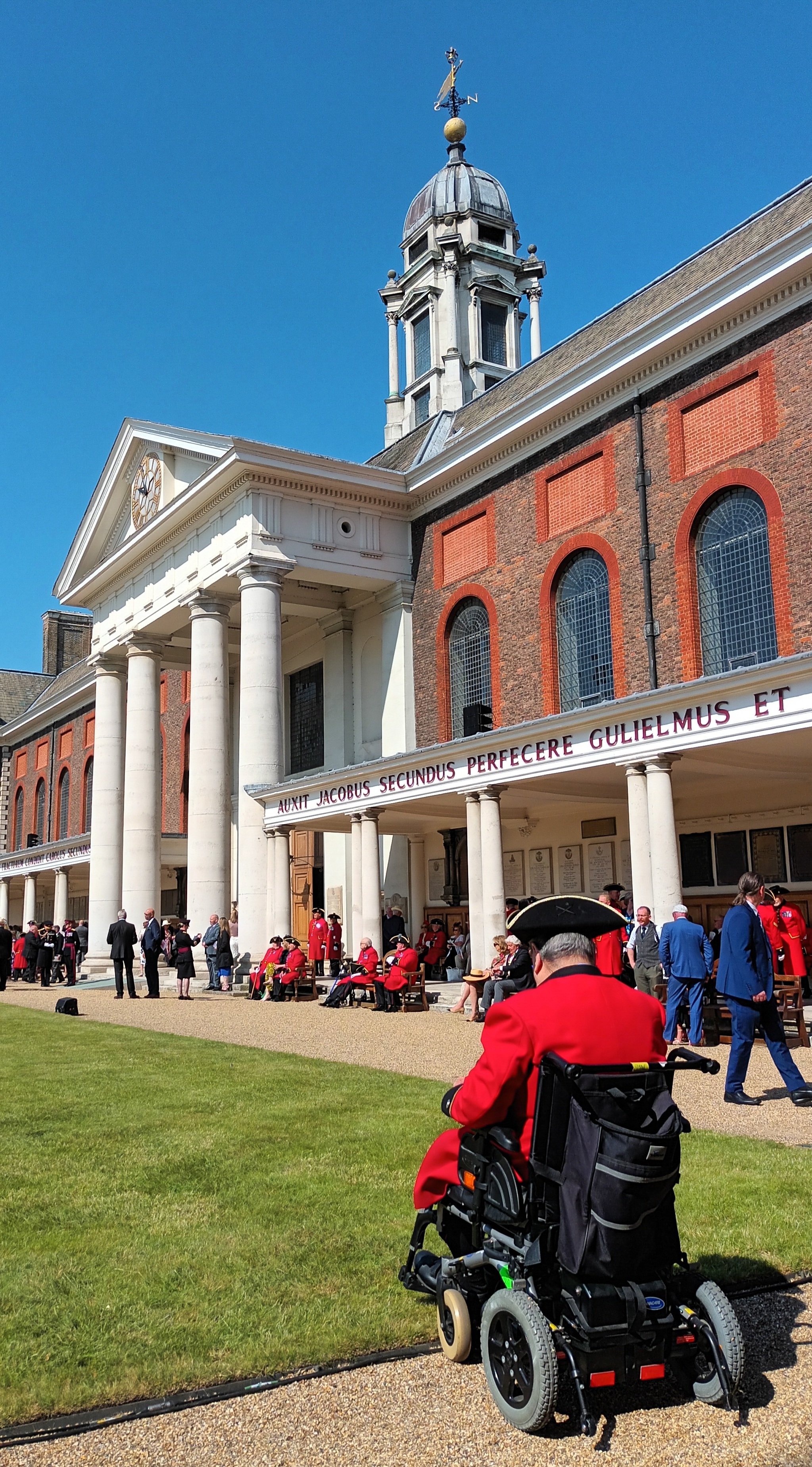 A Chelsea Pensioner awaiting parade for Founders Day, the anniversary of the founding of the Royal Hospital Chelsea by King Charles 2nd in the late 1600's for retired soldiers
