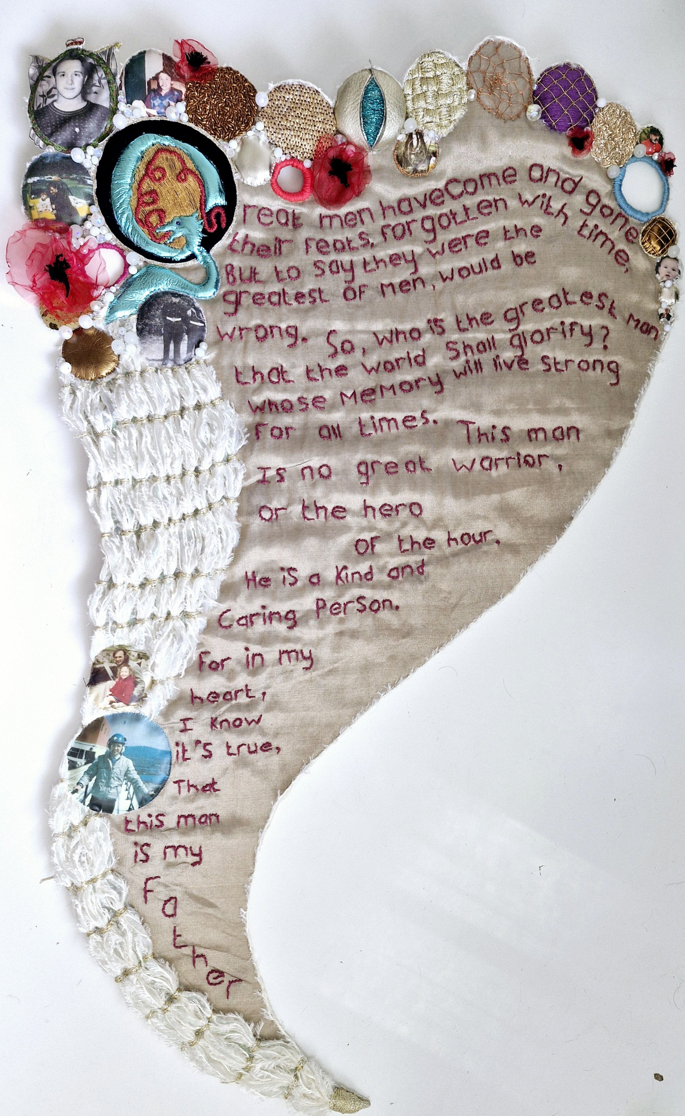 A Childs Hero Series (1). An illuminated panel based on the poem A Child's Hero, which I wrote for my Father. It is a hand-embroidered panel using goldwork elements referencing his life, 2023