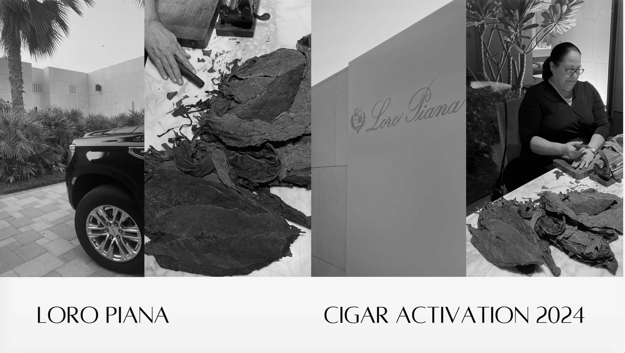 Black-and-white collage featuring a modern building with surrounding landscaping, a hand handling cigar tobacco leaves, and a woman working with cigar leaves at a table. Text on the collage reads 'Loro Piana' and 'Cigar Activation 2024'.