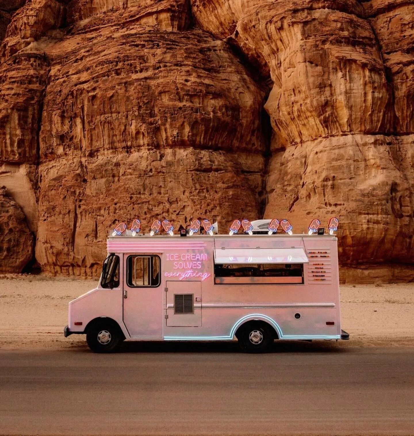 Who isn't always in the mood for an ice cream (or two) ?

Just a short drive from @habitascaravanalula, is a selection of playful food trucks that reflect every craving, notably their pink holographic ice cream truck serving homemade classic and uniq