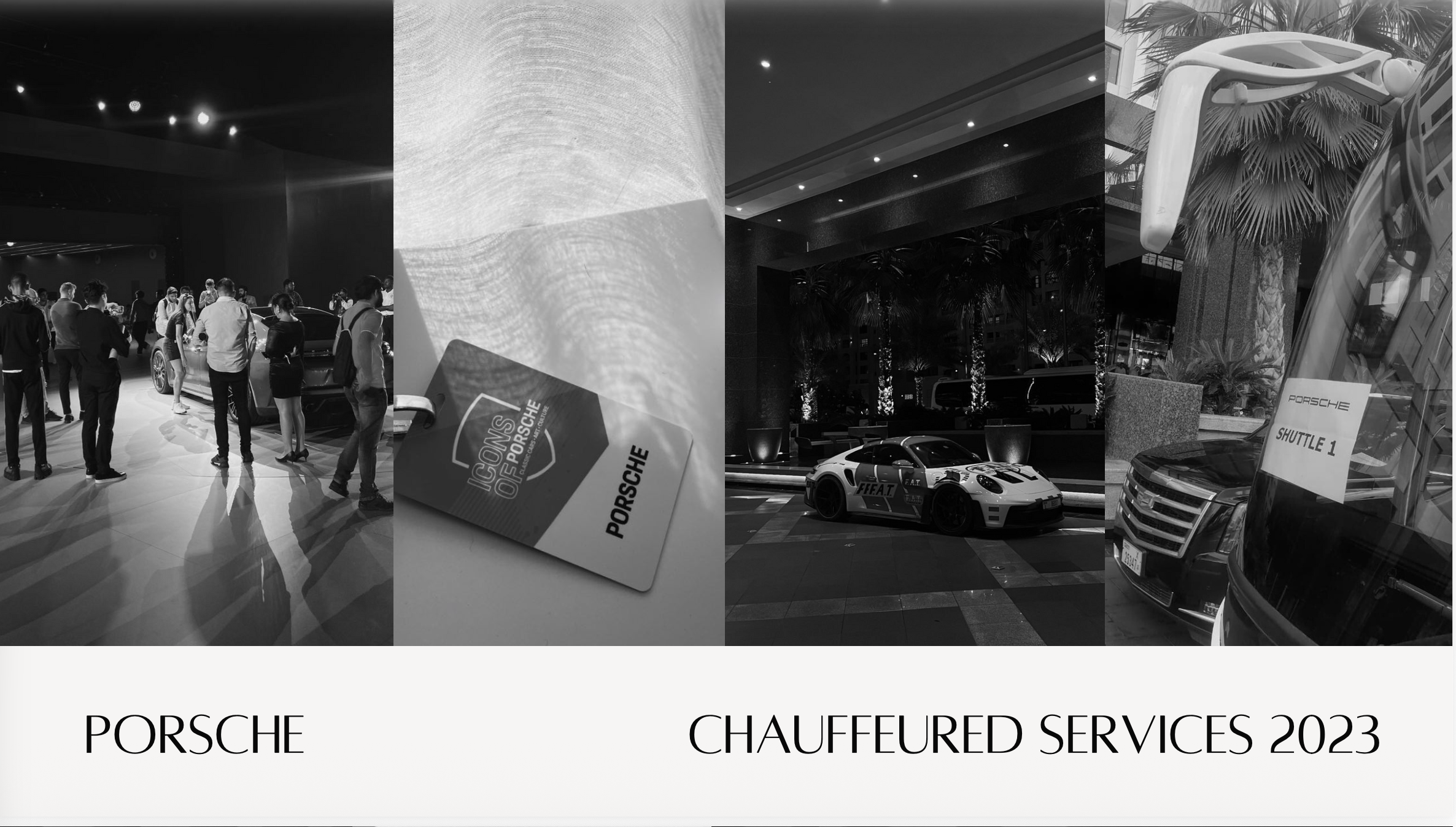 Black and white panoramic photo of a Porsche car show with people gathered around, displaying Porsche vehicles and signs for Porsche services in 2023.