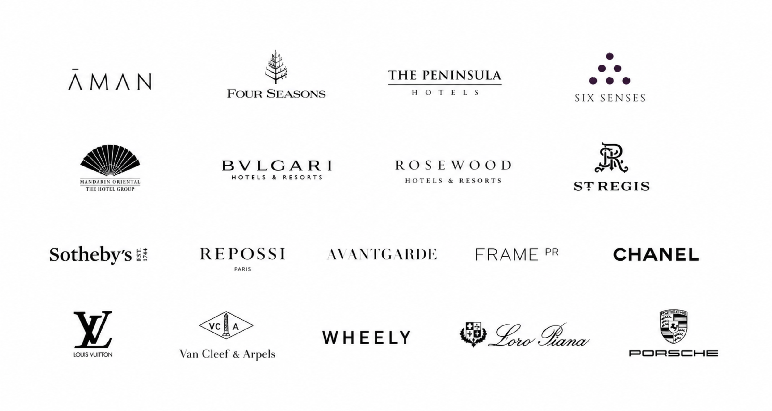 Collection of luxury hotel, fashion, jewelry, and car brand logos in black and white.