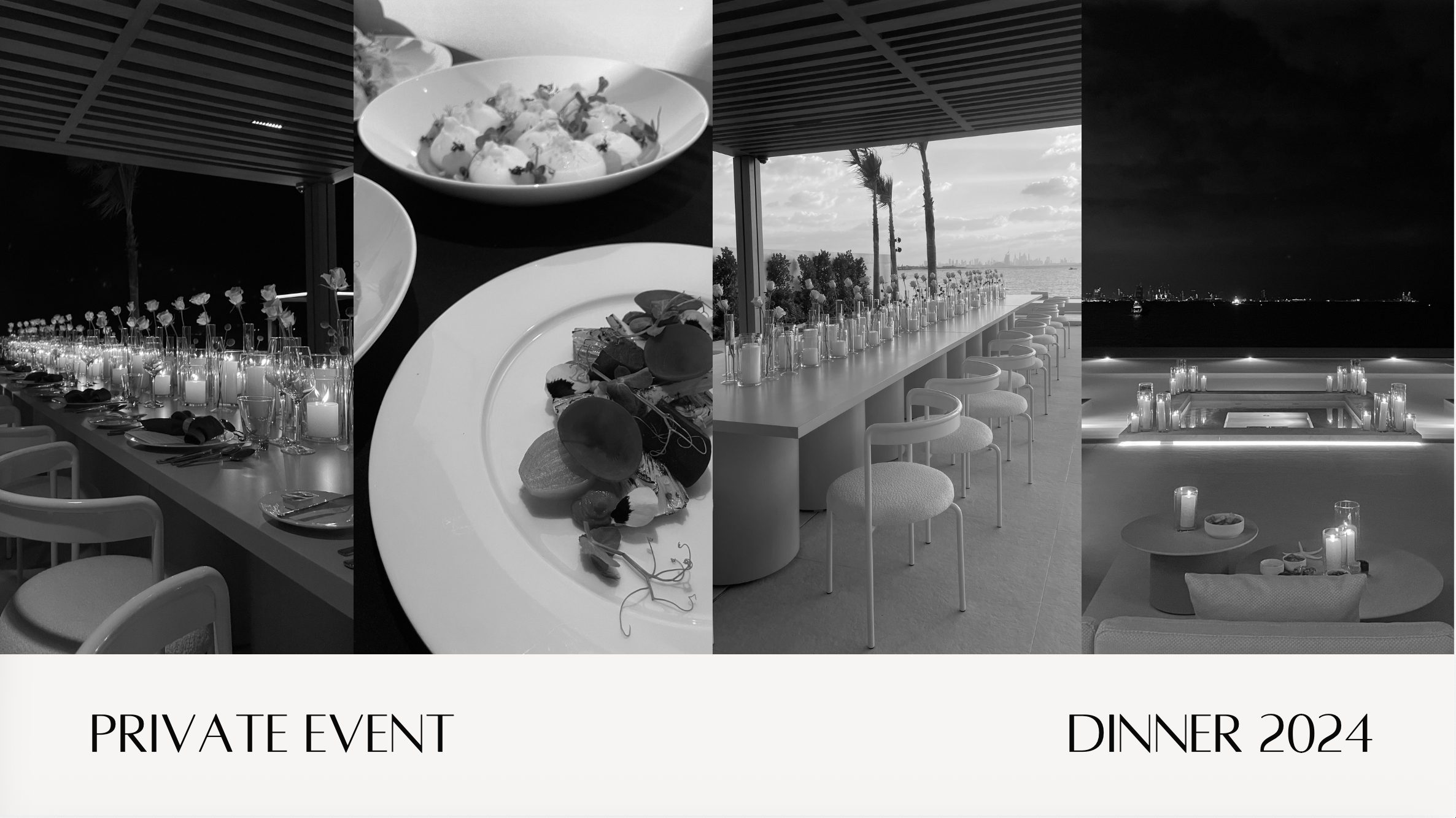A collage of two black-and-white photos showing a modern, outdoor private event space with a view of the water and city skyline. The space includes a long dining table setup with candles and flowers, and a terrace with candles in glass holders and a 