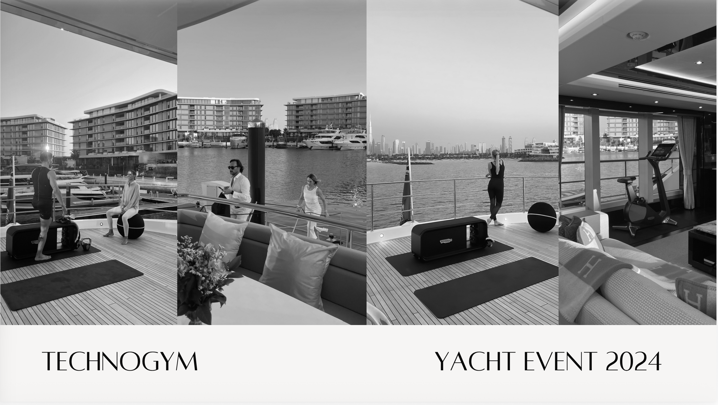 Black and white photo of a yacht with a modern city skyline in the background, featuring waterfront buildings and yachts docked in a marina. Indoor fitness equipment is also visible, including a treadmill, exercise ball, and a speaker, suggesting the