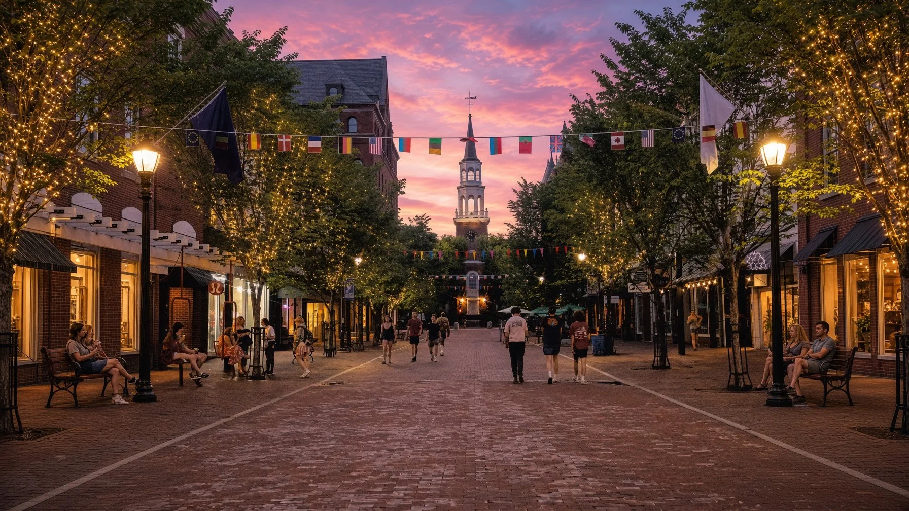 Church Street Marketplace in Burlington, Vermont, at dusk: string lights in the trees, people strolling the brick street and a white church steeple under a pink sky