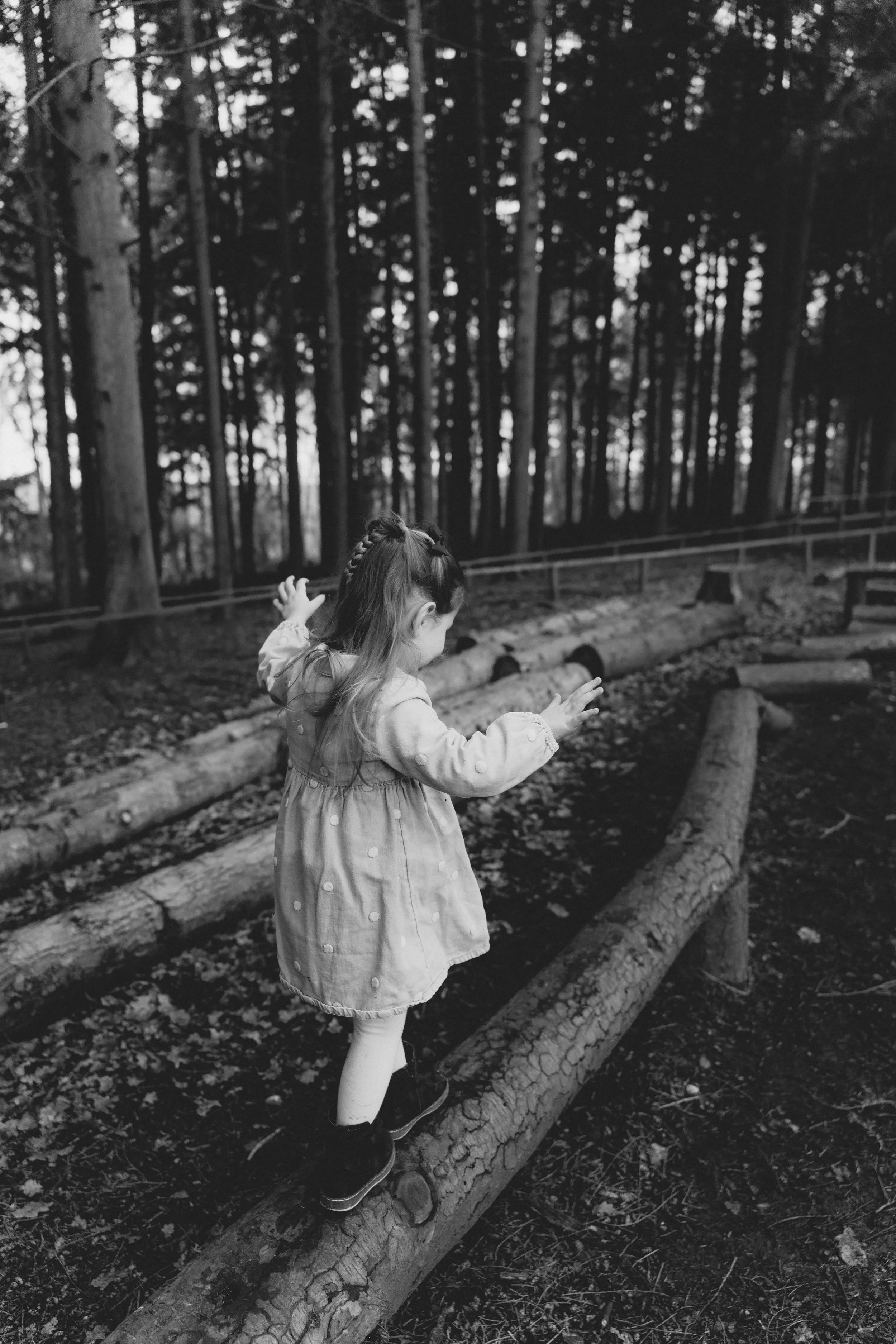 A young girl in a light-colored dress with polka dots balancing on a fallen tree in a forest, surrounded by tall trees and forest floor covered with leaves.