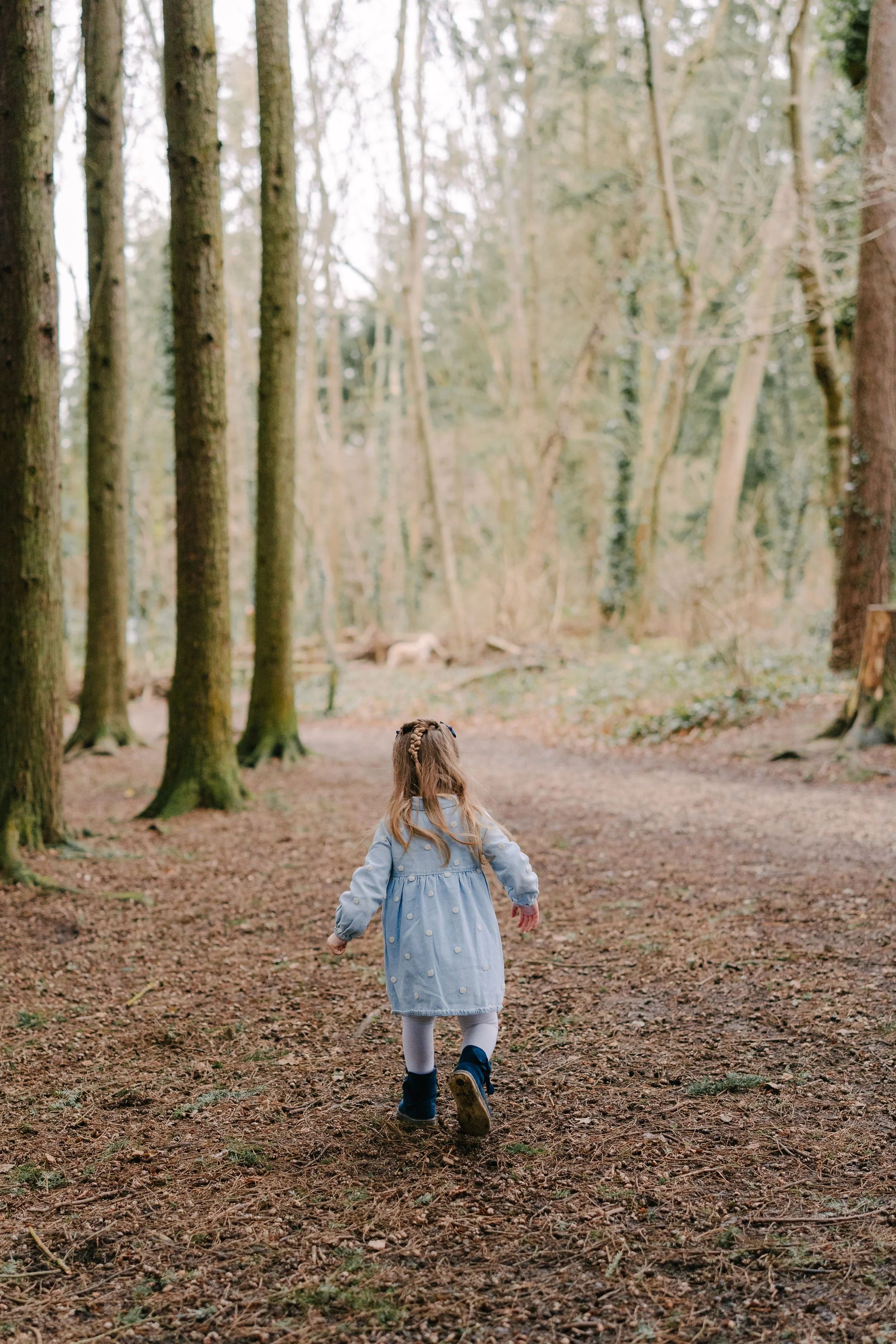 A young girl with long hair, wearing a light blue dress and boots, walking away in a wooded forest with trees and a dirt path.