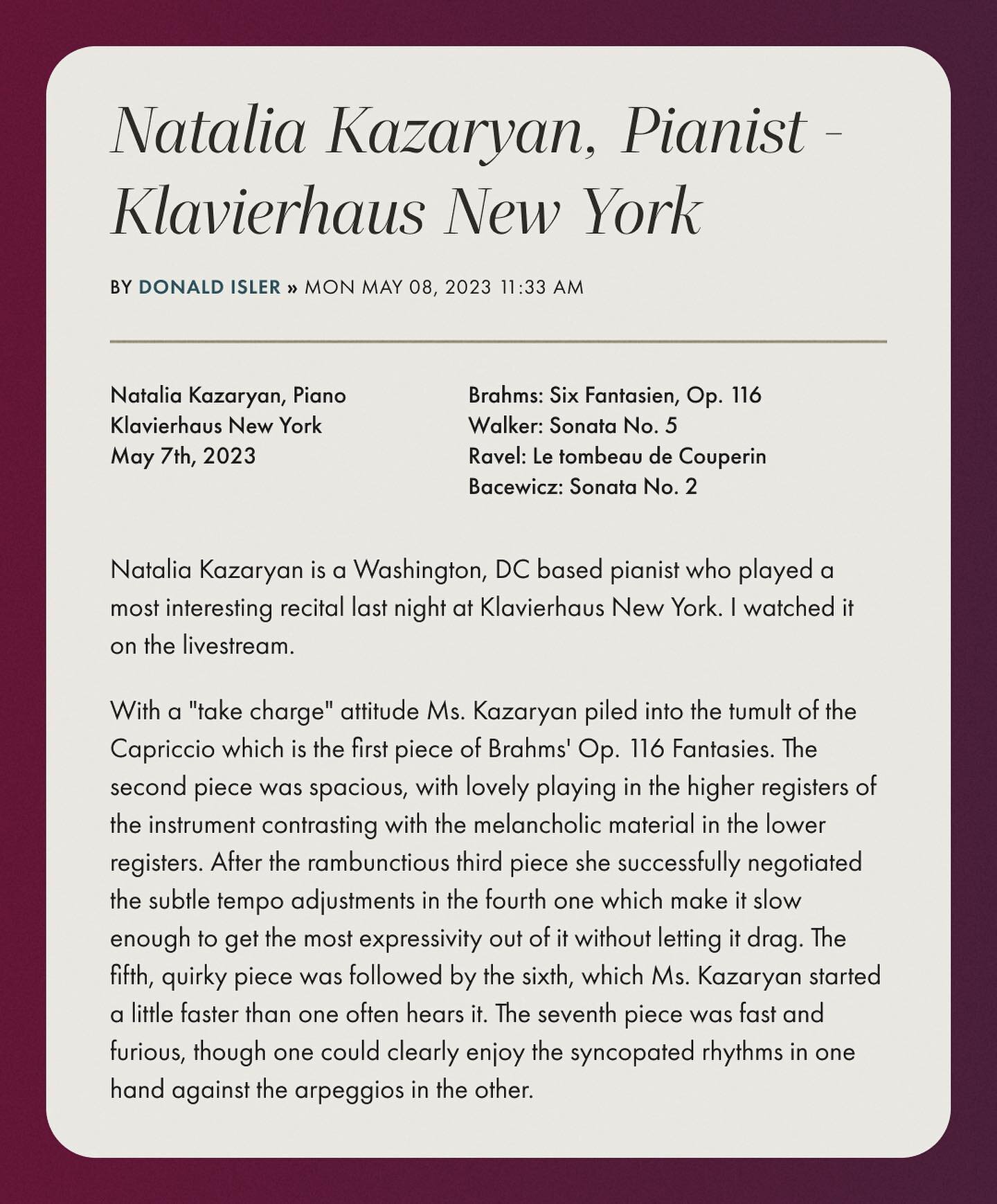 A lovely review of my NYC recital last weekend. 

#nyc  #piano #concert #classicalmusic #pianist #review