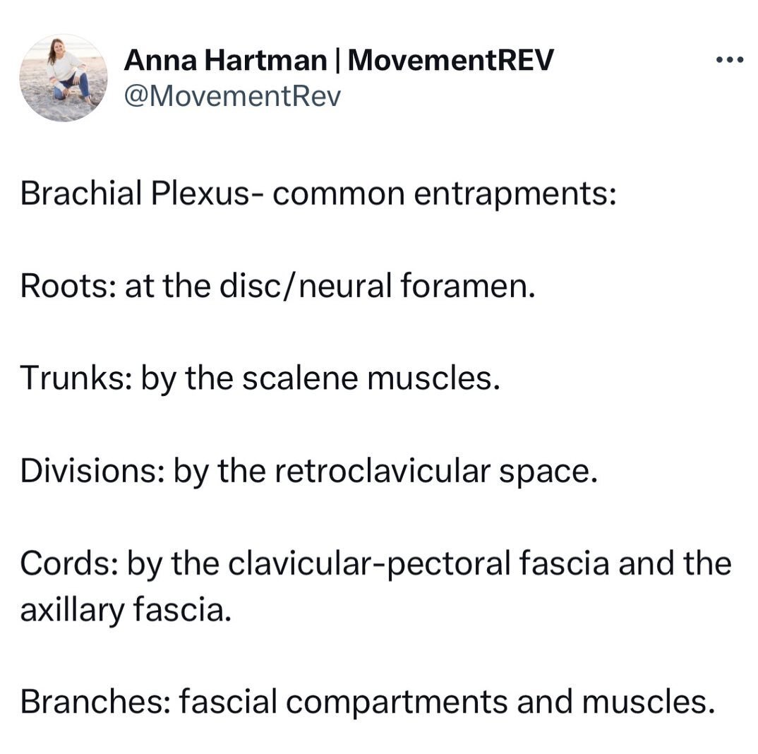 Common entrapment sites = great areas to assess orthopedically to impact the entire upper extremity and function of the nerves and the vascular structures.

Since the nerves and arteries run together it is common to observe a change in distal pulses 