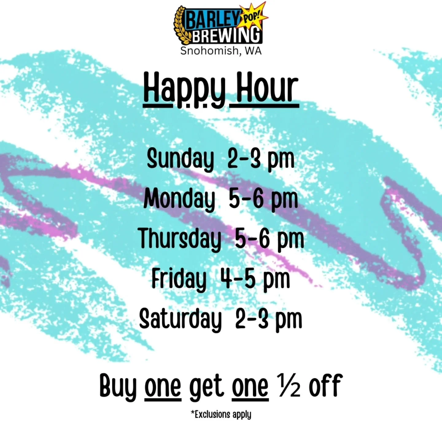 Happy Hour specials EVERYDAY! 

Starting today we are having Happy Hour specials everyday. Buy one get one 1/2off 🤯

Come hang out with us, bring your family, a friend and enjoy our daily special. 🍻

#BarleyPOPBrewing #happyhour #snohomish #snohobe