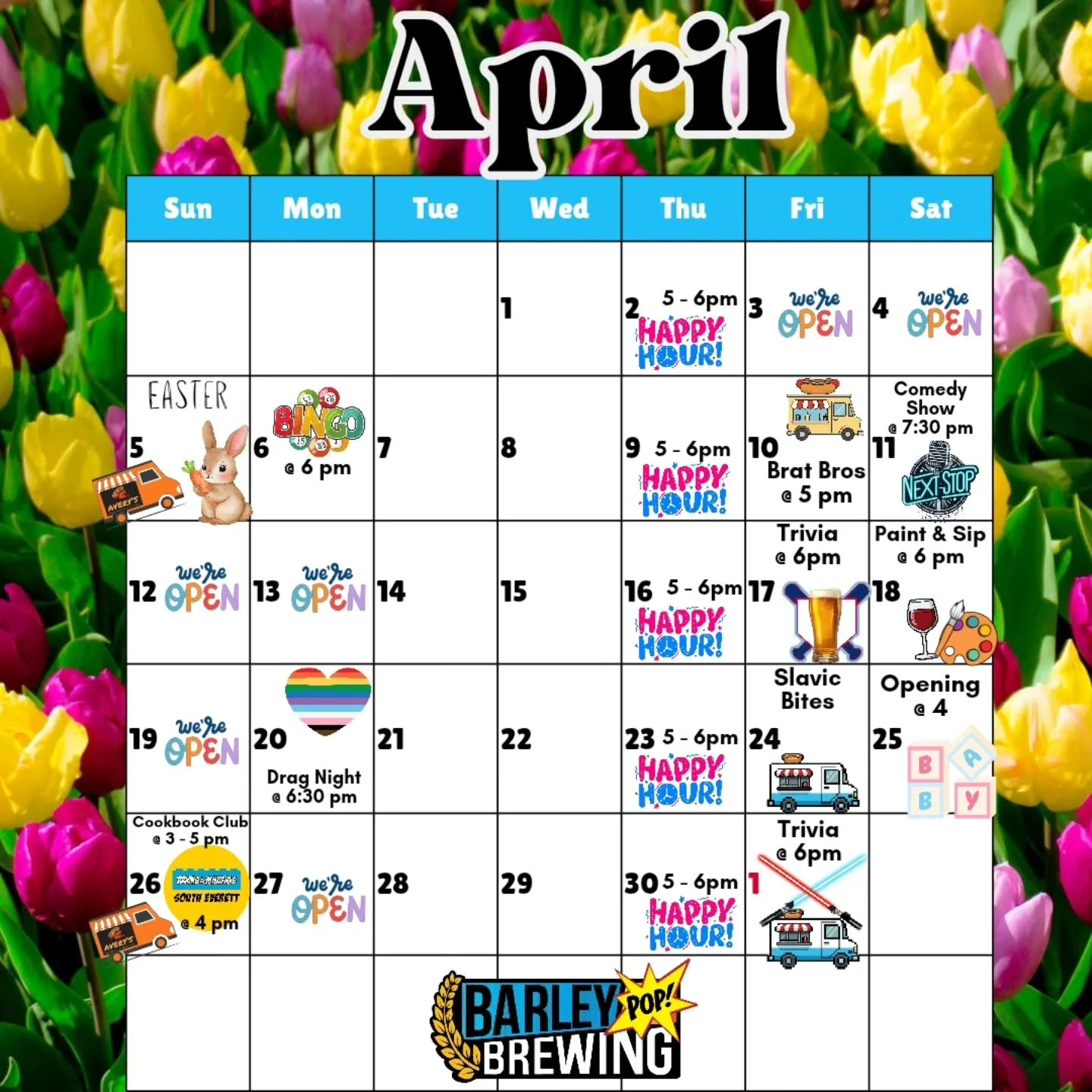 Helllloooo SPRING! 🌷

We've got some amazing events lined up this month, and plenty of non event days for some casual hang outs. 

We've got @averyschickenandwaffles @slavicbites and @bratbrosllc lined up for food! 

We are open Easter and have a li