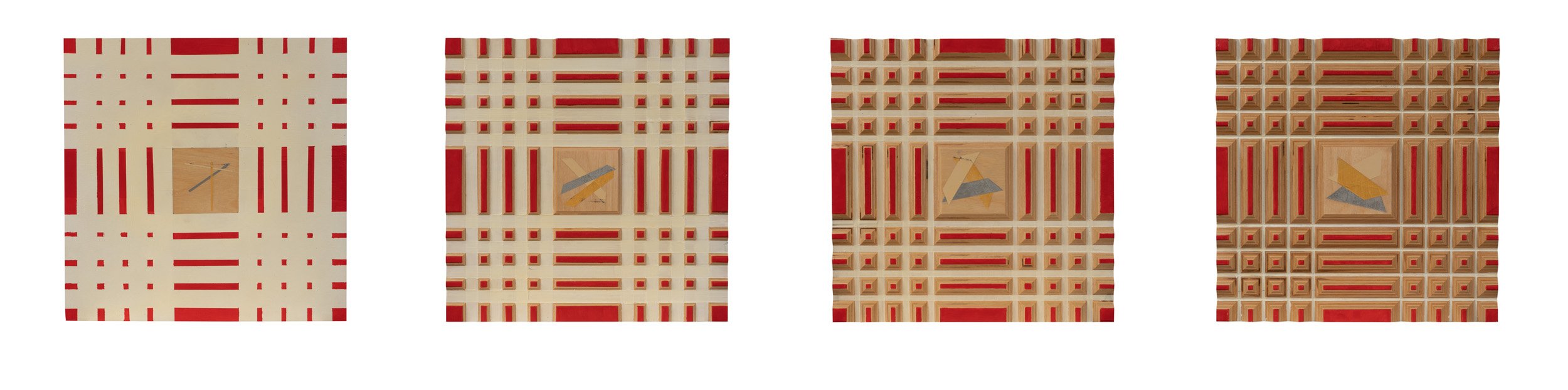 UNTITLED (birch plywood, latex paint). Each panel of this polyptych measures 29cm square. The three panels on the left feature frustums measuring 2cm in depth, the panel on the right 1cm in depth.