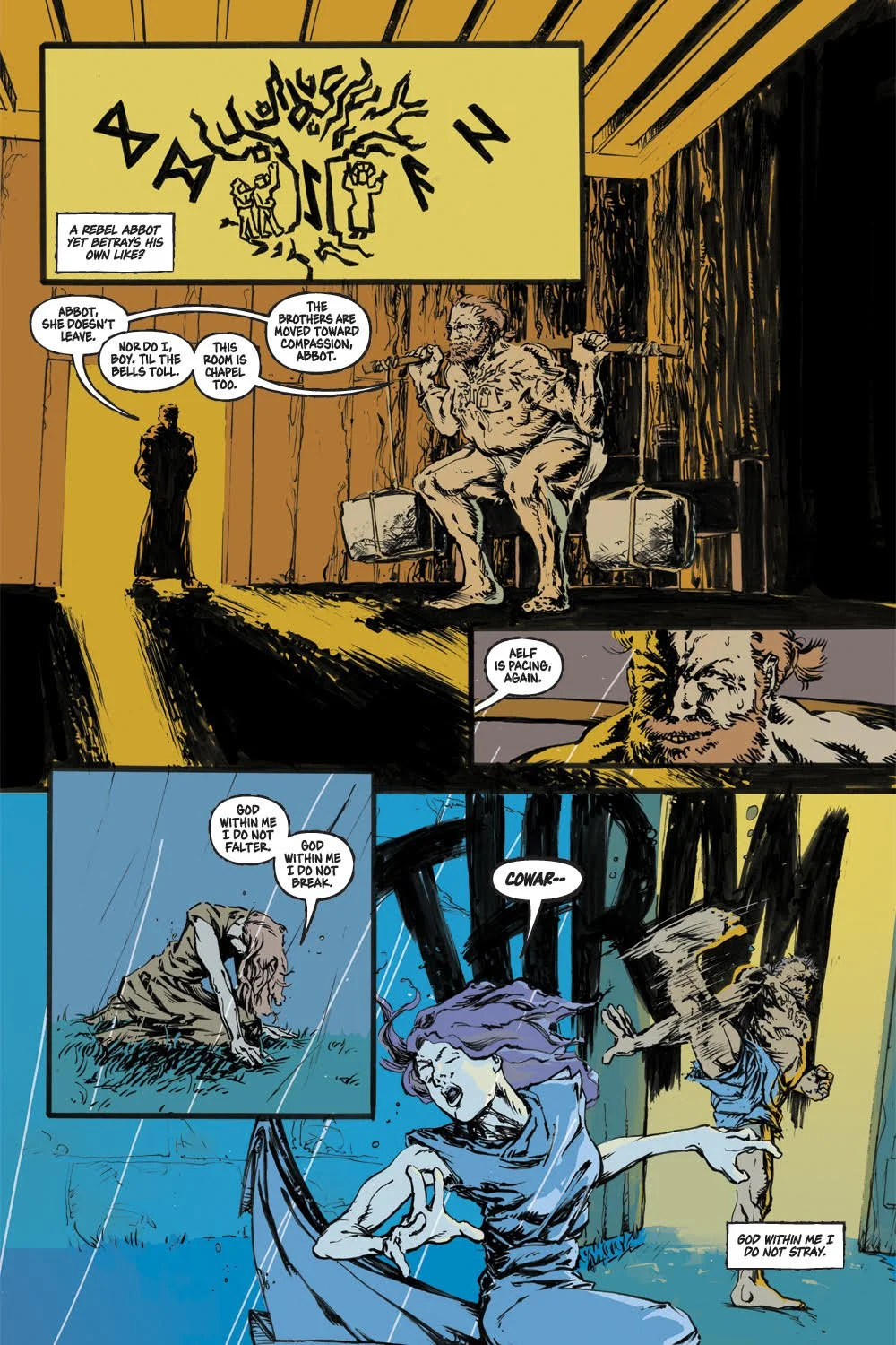 Fuck That Old Friar page two, script by Claire Napier,  art by Mike Morocco, letters by Taylor Esposito