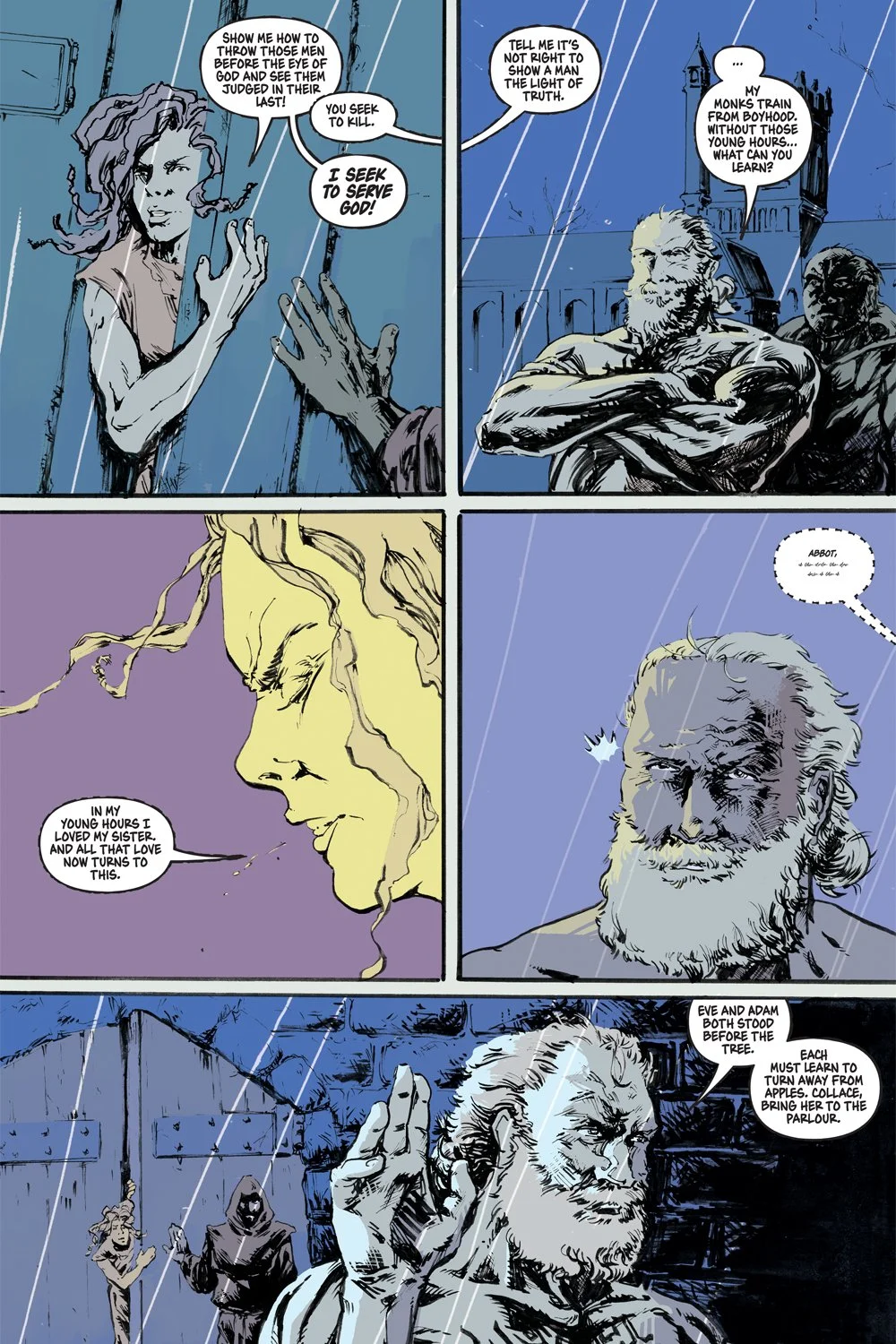 Fuck That Old Friar page five, script by Claire Napier,  art by Mike Morocco, letters by Taylor Esposito
