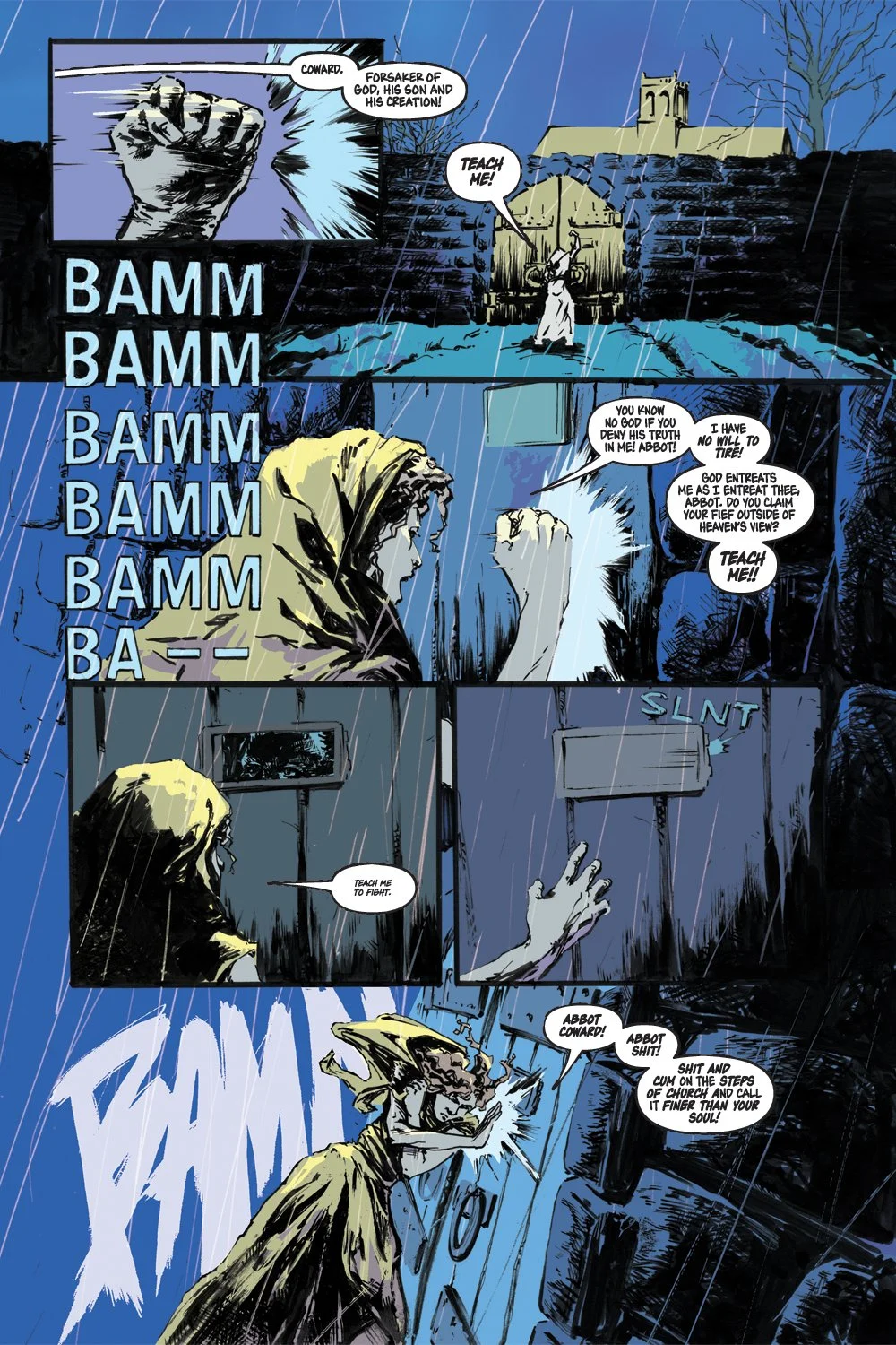 Fuck That Old Friar page one, script by Claire Napier,  art by Mike Morocco, letters by Taylor Esposito