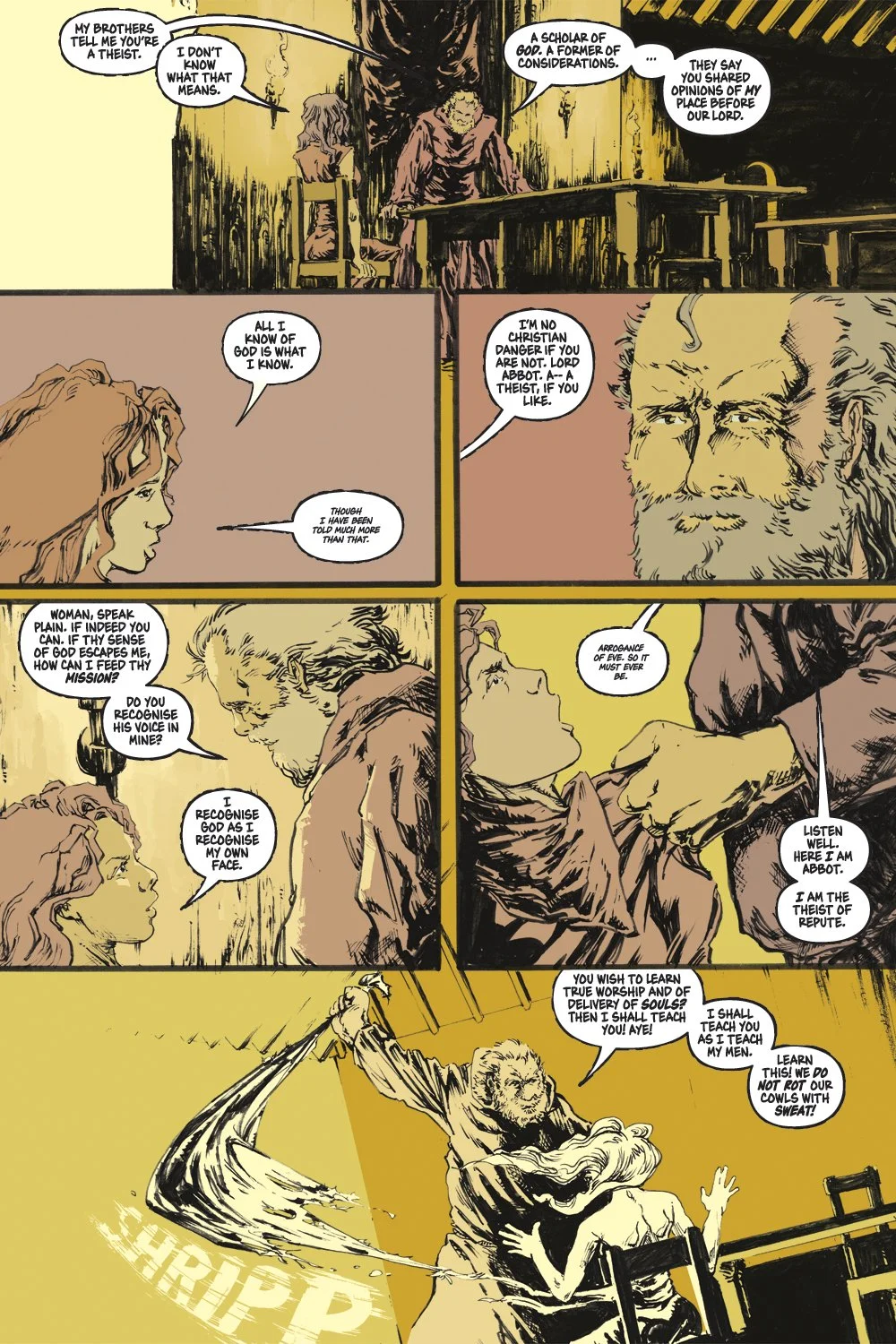 Fuck That Old Friar page six, script by Claire Napier,  art by Mike Morocco, letters by Taylor Esposito