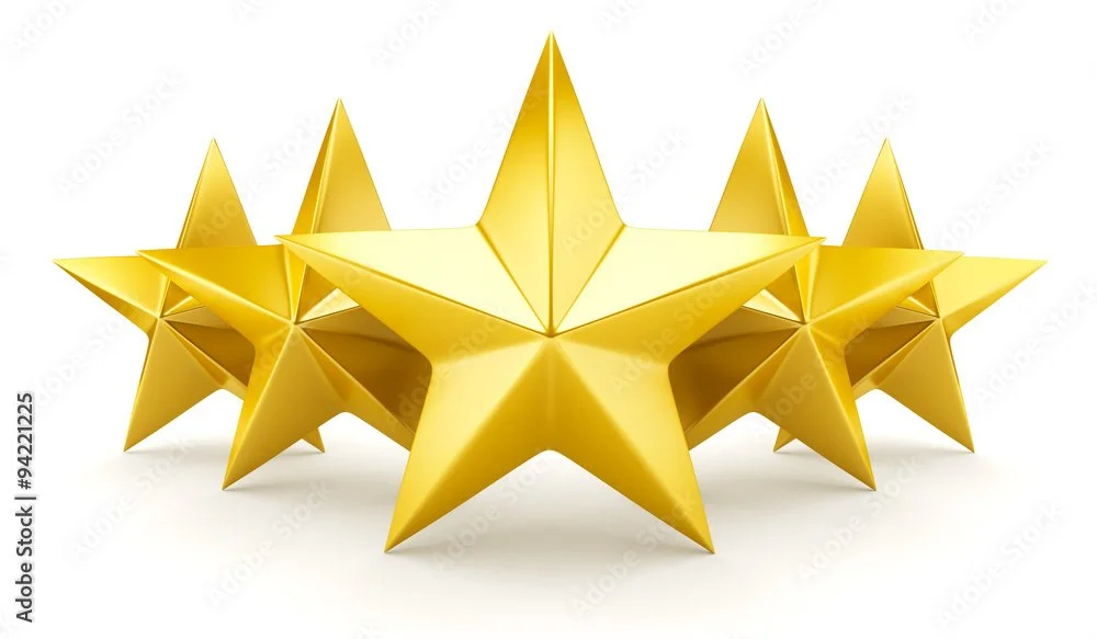 Five gold stars arranged in a semi-circle on a white background.