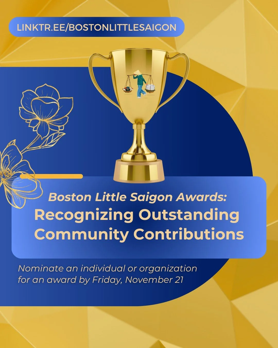 🏆 Awards Nominations are now open! 

Help us recognize those who make a difference in our community at the Boston Little Saigon Gala &amp; Awards! Nominate an individual, business, or organization that has contributed to the growth of Vietnamese art