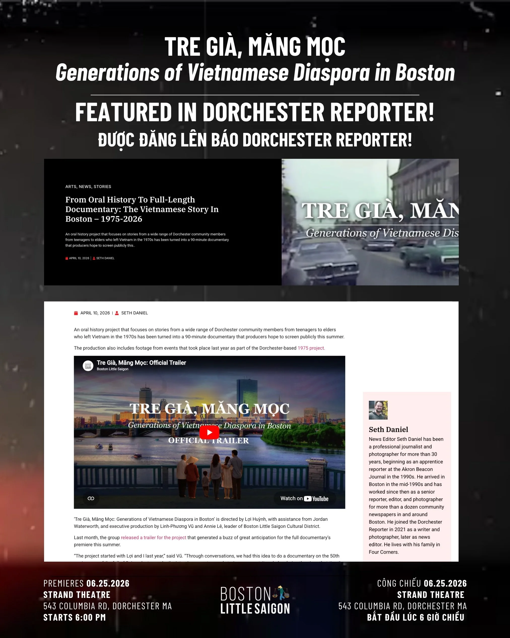 🎟️ #TGMM PREMIERE TICKETS ARE LIVE

Tre Gi&agrave;, Măng Mọc: Generations of Vietnamese Diaspora in Boston

The first intergenerational documentary of its kind in Boston. A film about memory, survival, and the Vietnamese refugee community that rebui