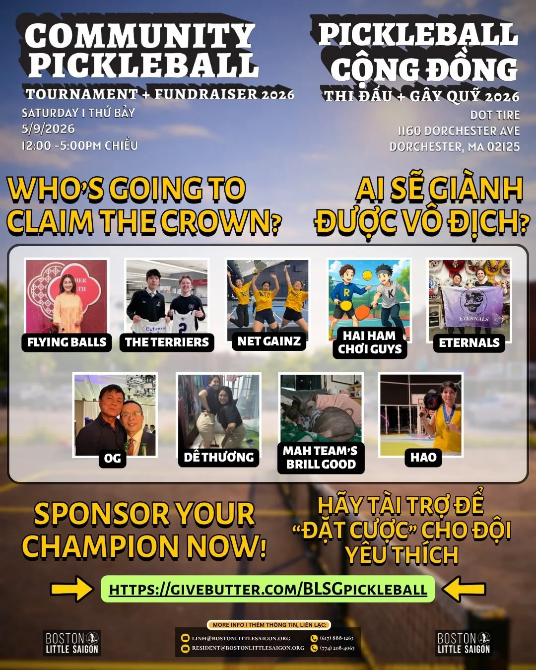 🏓 SPONSOR YOUR FAVORITE TEAM
&ldquo;ĐẶT CƯỢC&rdquo; CHO ĐỘI Y&Ecirc;U TH&Iacute;CH 🏓

Support a team, support the community, and maybe win a prize while you&rsquo;re at it.
For the Boston Little Saigon Community Pickleball Tournament + Fundraiser, 