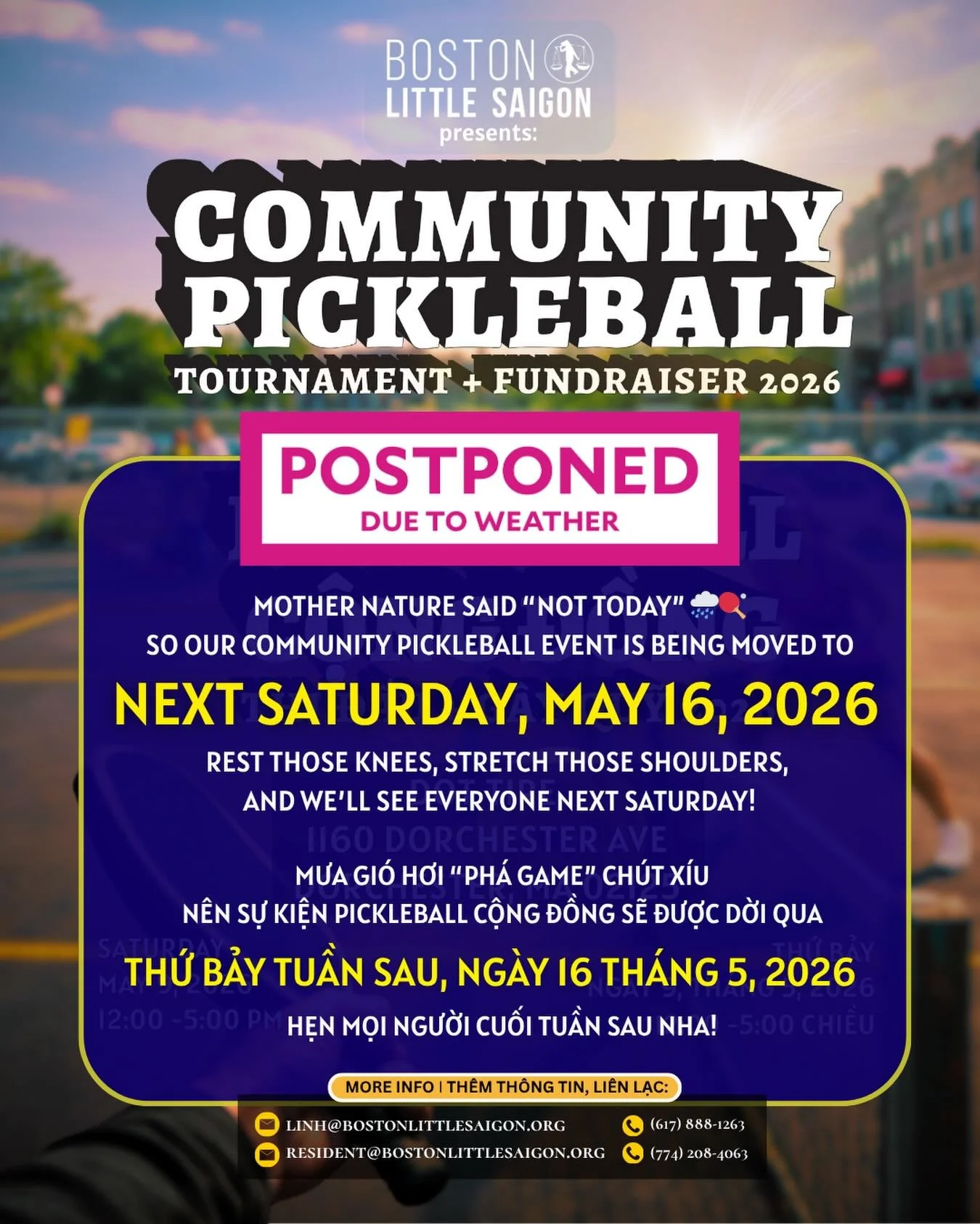 🌧️ The Rain won this round 😭🏓

Our Community Pickleball Tournament &amp; Fundraiser is officially moved to NEXT SATURDAY &mdash; MAY 16, 2026.

Good news though! Team registration is OPEN again. So if your group was acting shy, last-minute, or sud
