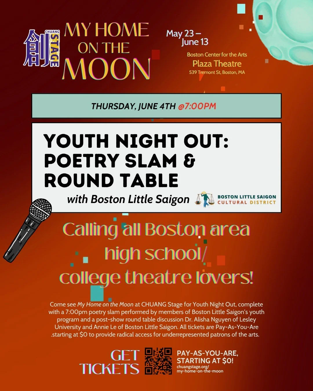 🎭 Calling all high school and college students!

Boston Little Saigon and @chuangstage invite you to join us for Youth Night Out at My Home on the Moon &mdash; a magical, tech-infused comedy about a Vietnamese phở restaurant navigating the challenge