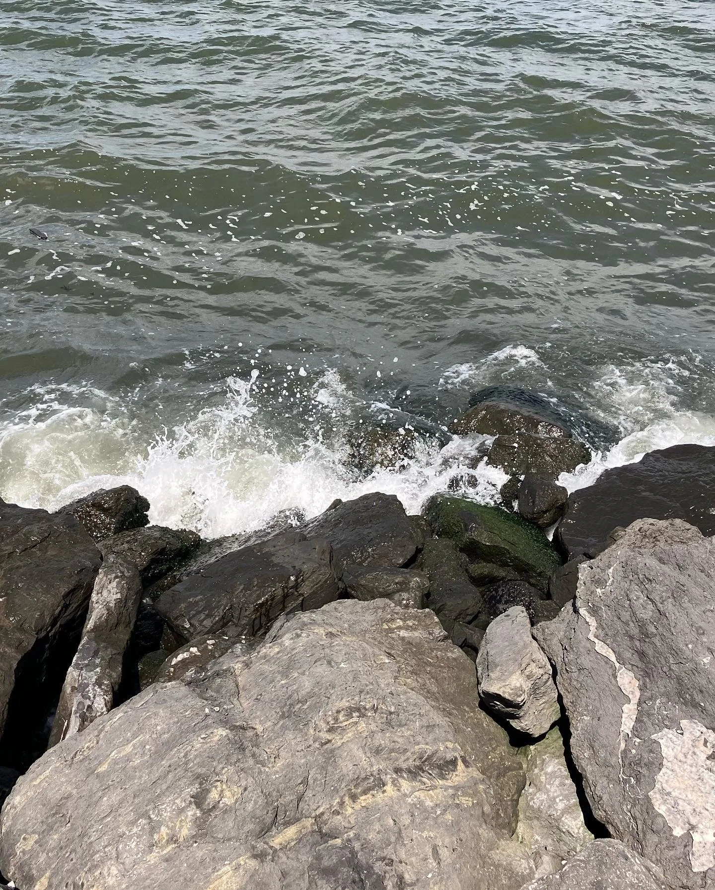 Waves crashing against large rocks along a shoreline with water and foam.