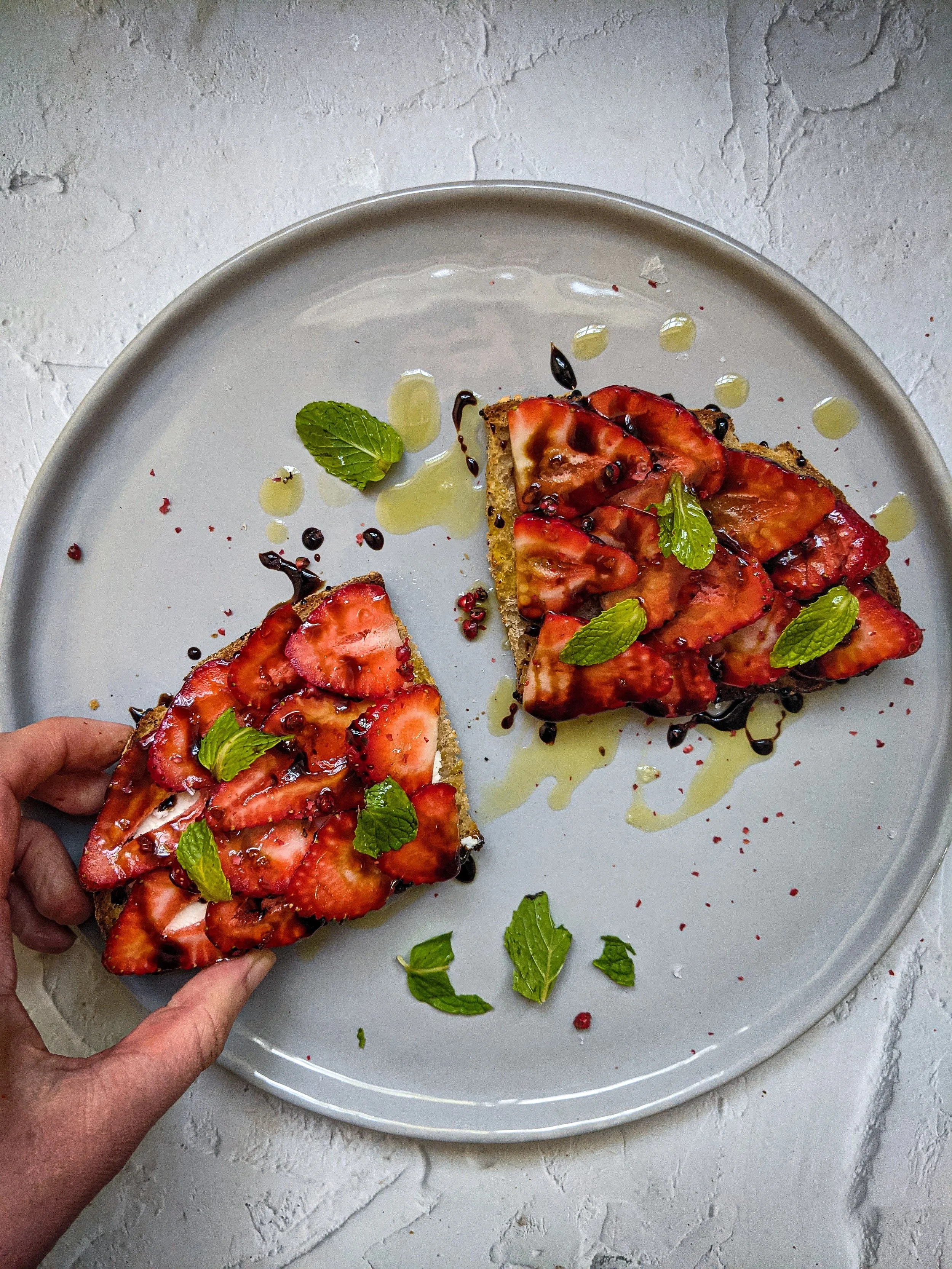 Strawberry and Mint Toast with Balsamic Reduction and Pink Peppercorns
