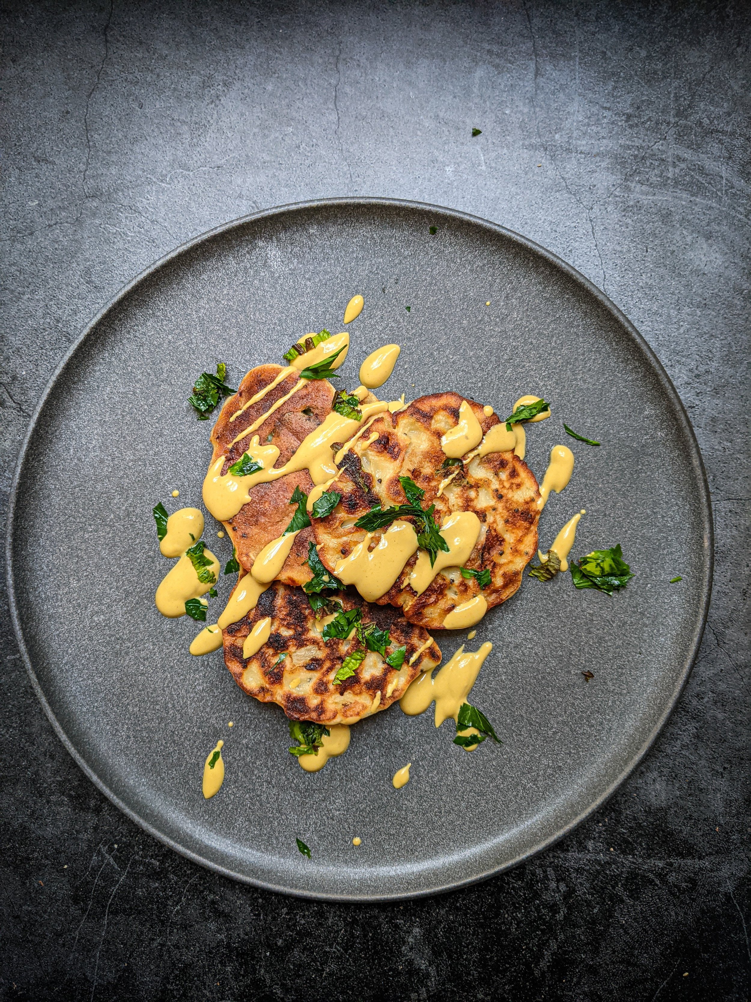 Idli Rice and Mung Bean Pancakes with Onions, Mustard Seed &amp; Asafetida and Tamarind Yogurt Sauce